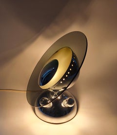 Chrome-plated aluminium table lamp with smoked glass disc, 1980s, Italy