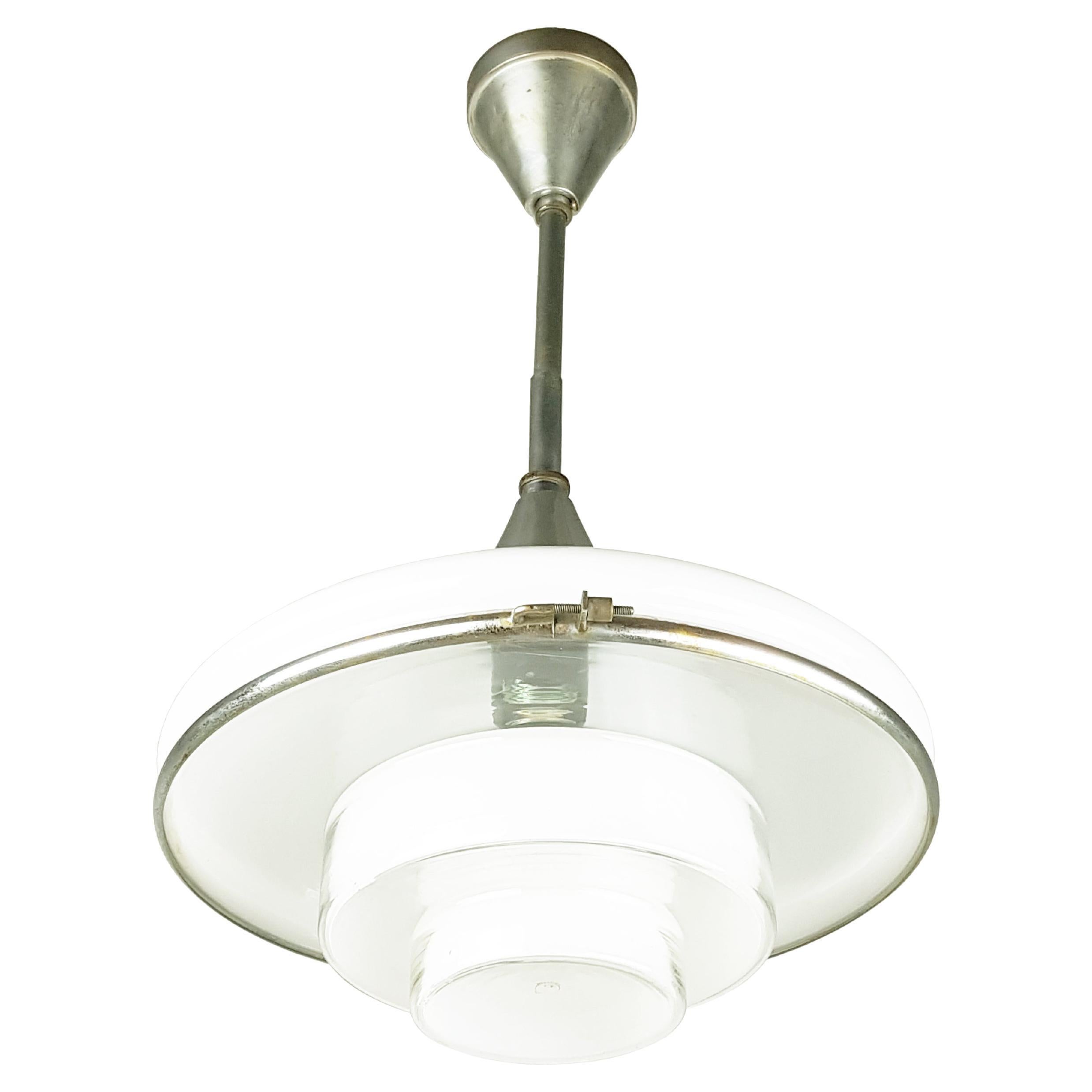 Chrome-Plated and Opaline Glass 1930s Pendant Lamp by Otto Müller for Megaphos For Sale