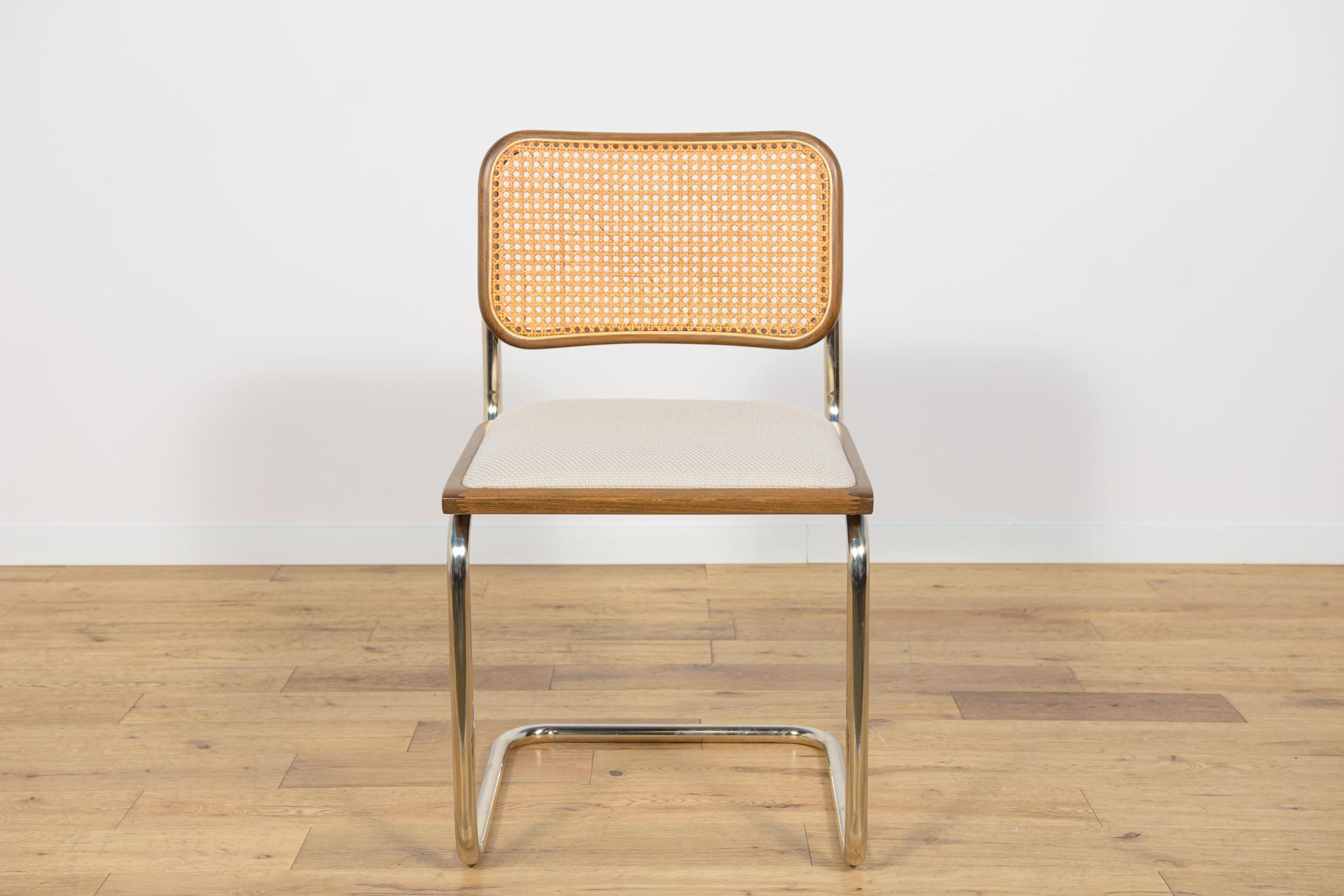 Cesca-type chair, modeled on Marcel Breuer's design from 1928. Produced in the 1980s. The chrome-plated frame is in very good original condition, has been cleaned and polished. The joinery has been professionally renovated, the beech wood has been