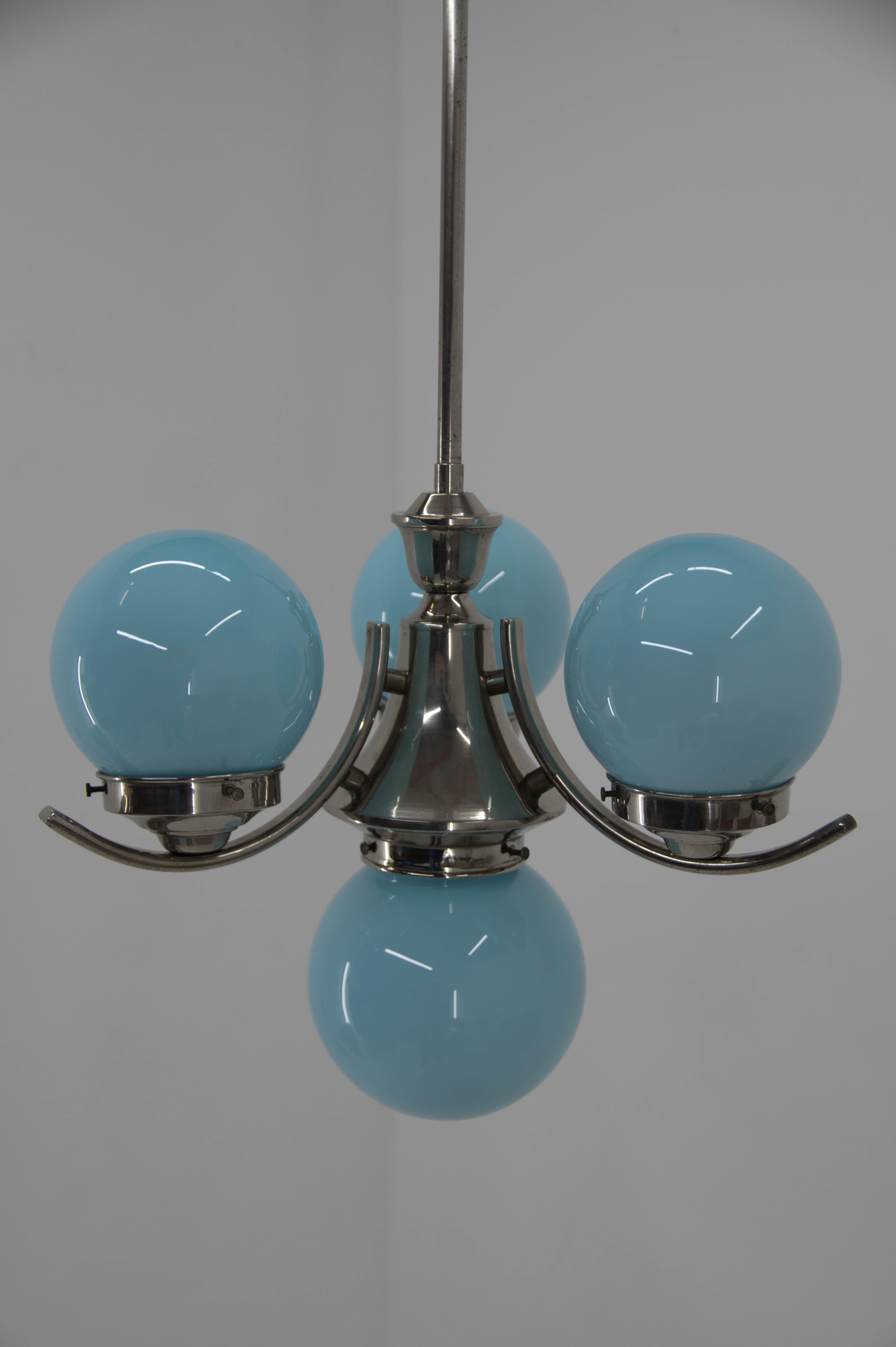 Czech Chrome-Plated Art Deco Chandelier with Blue Shades, 1930s