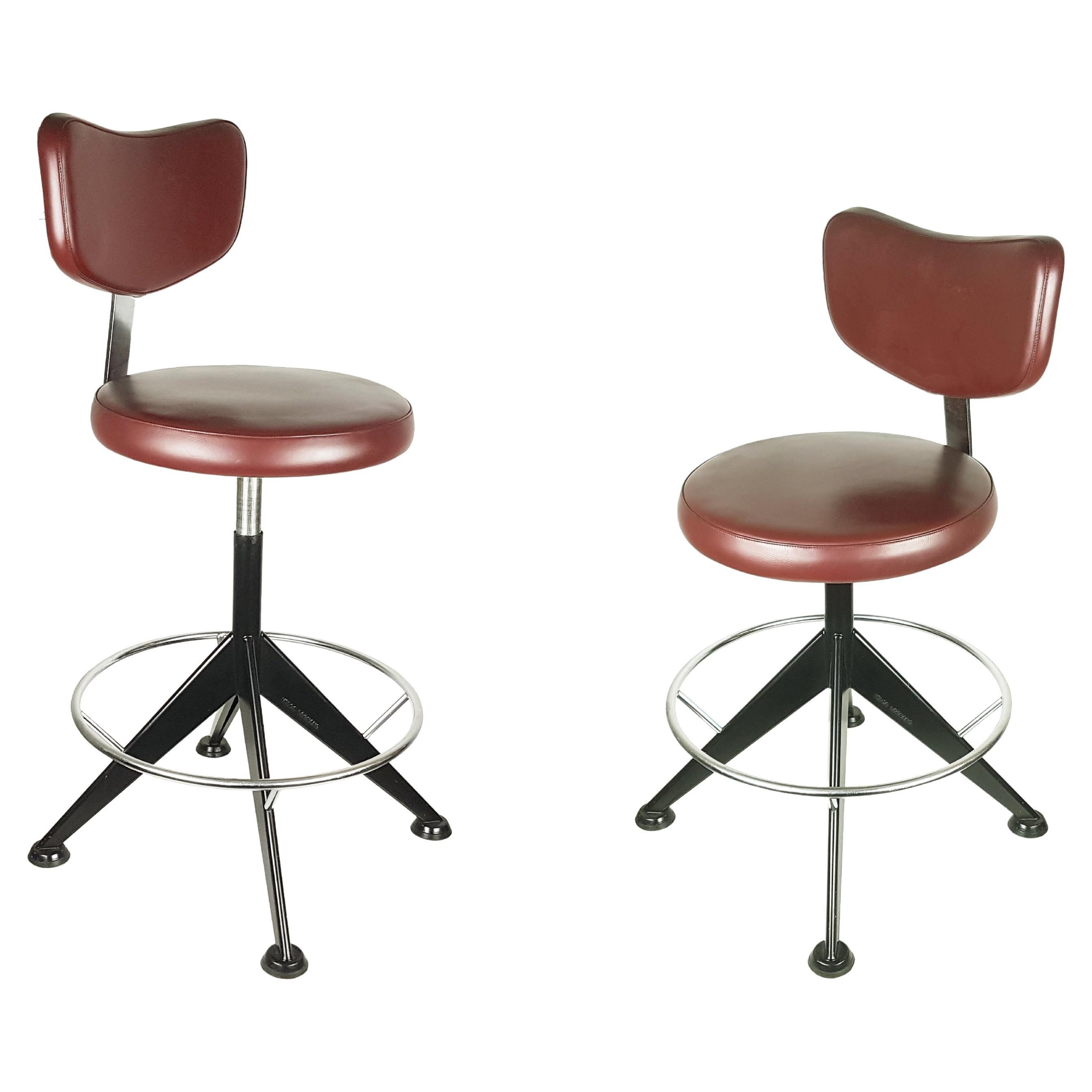 Chrome Plated & Black Metal Burgundy Skay 1960/70s Stools by Velca For Sale
