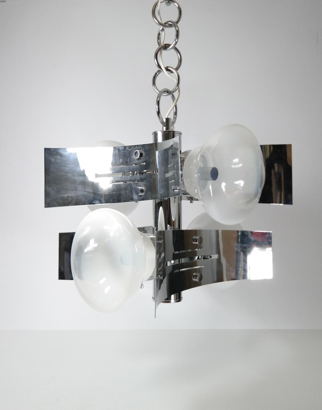 Chrome Plated Chandelier with Hand Blown Glass shades, 1970s 6