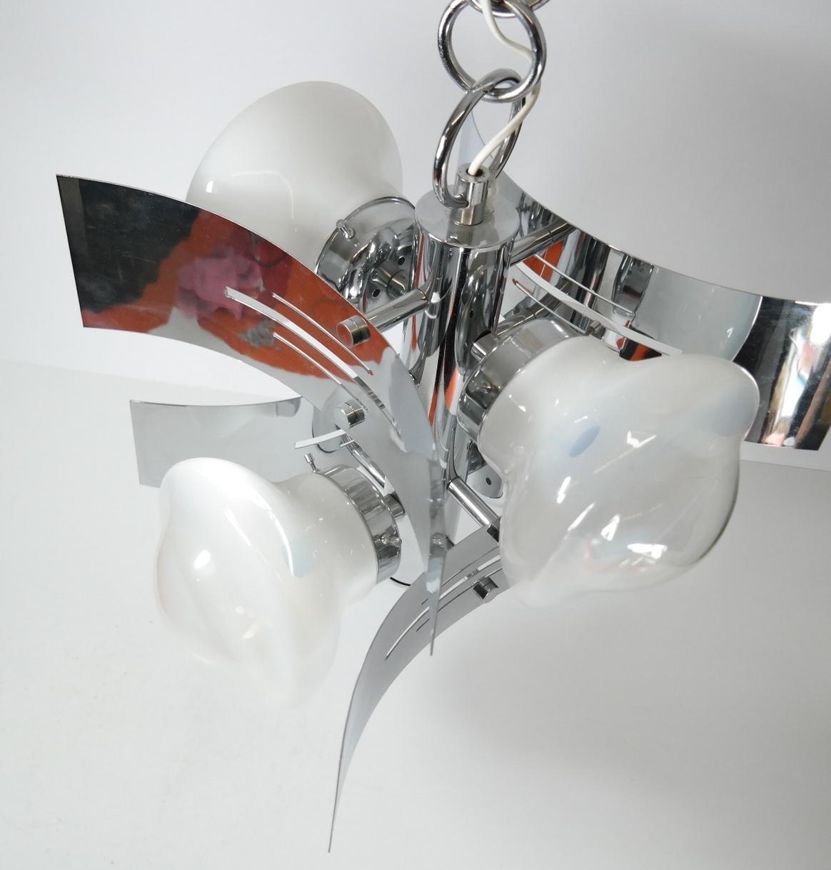 Chrome Plated Chandelier with Hand Blown Glass shades, 1970s 7
