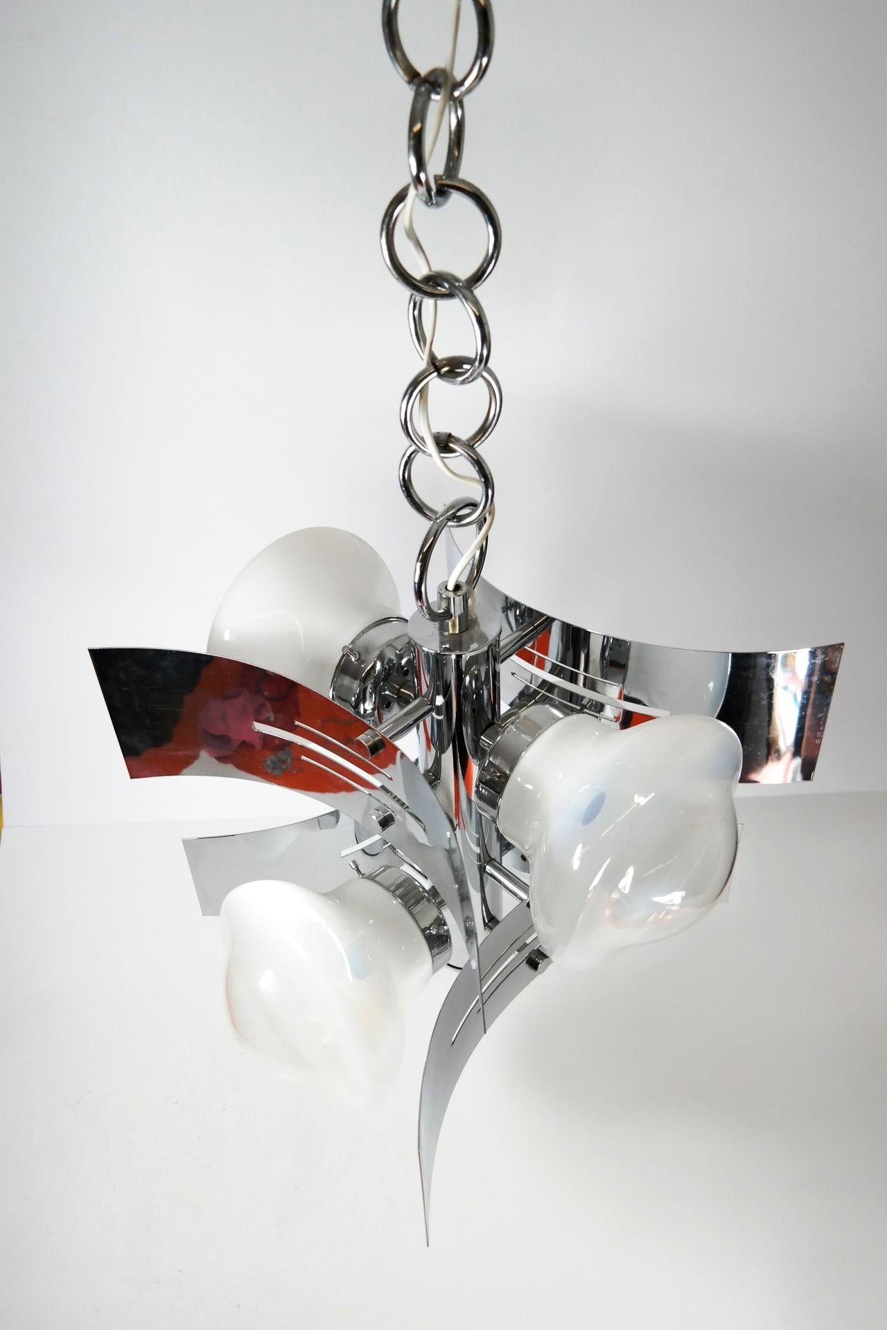 Chrome Plated Chandelier with Hand Blown Glass shades, 1970s 8