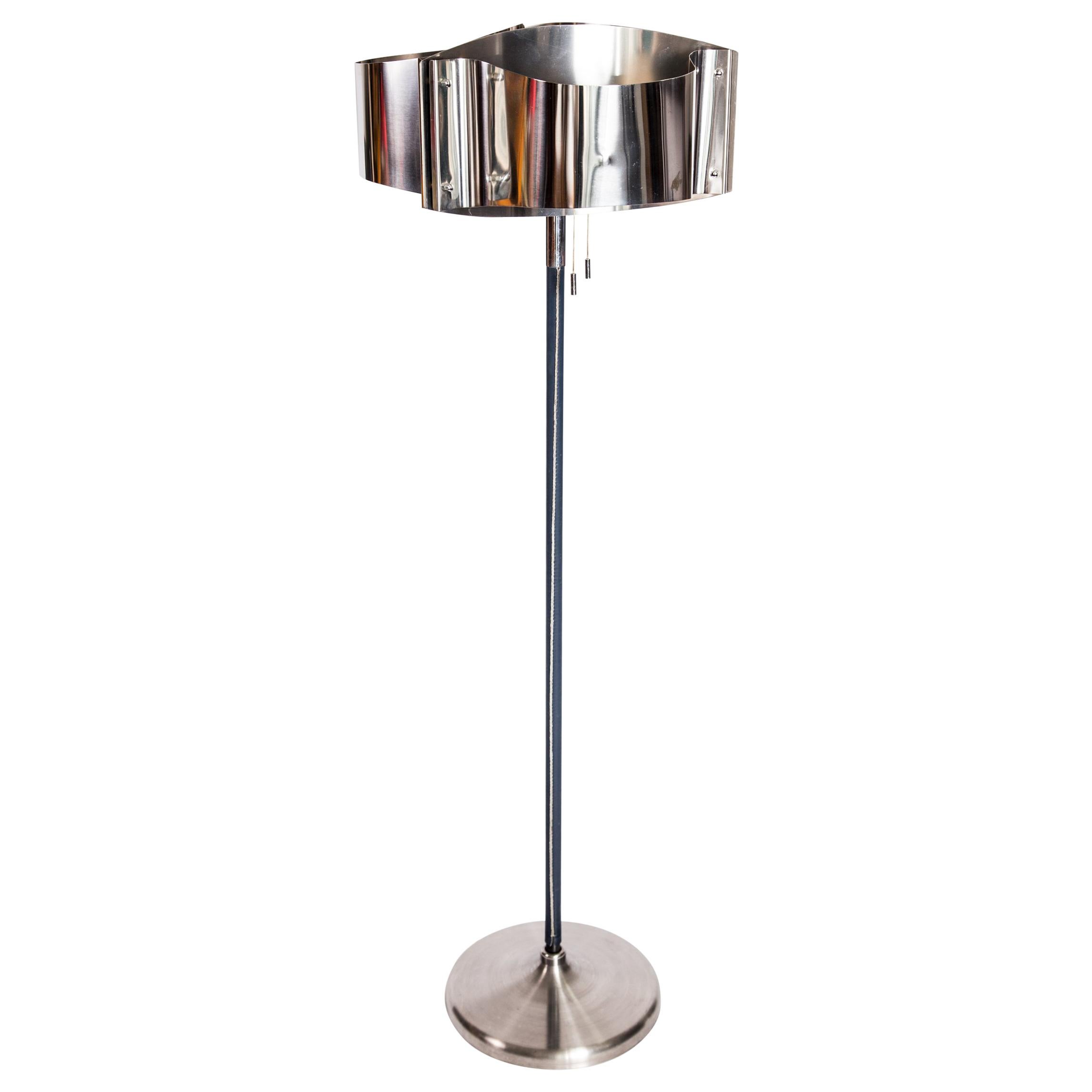 Chrome-Plated Floor Lamp with Leather Accents, 1970s For Sale