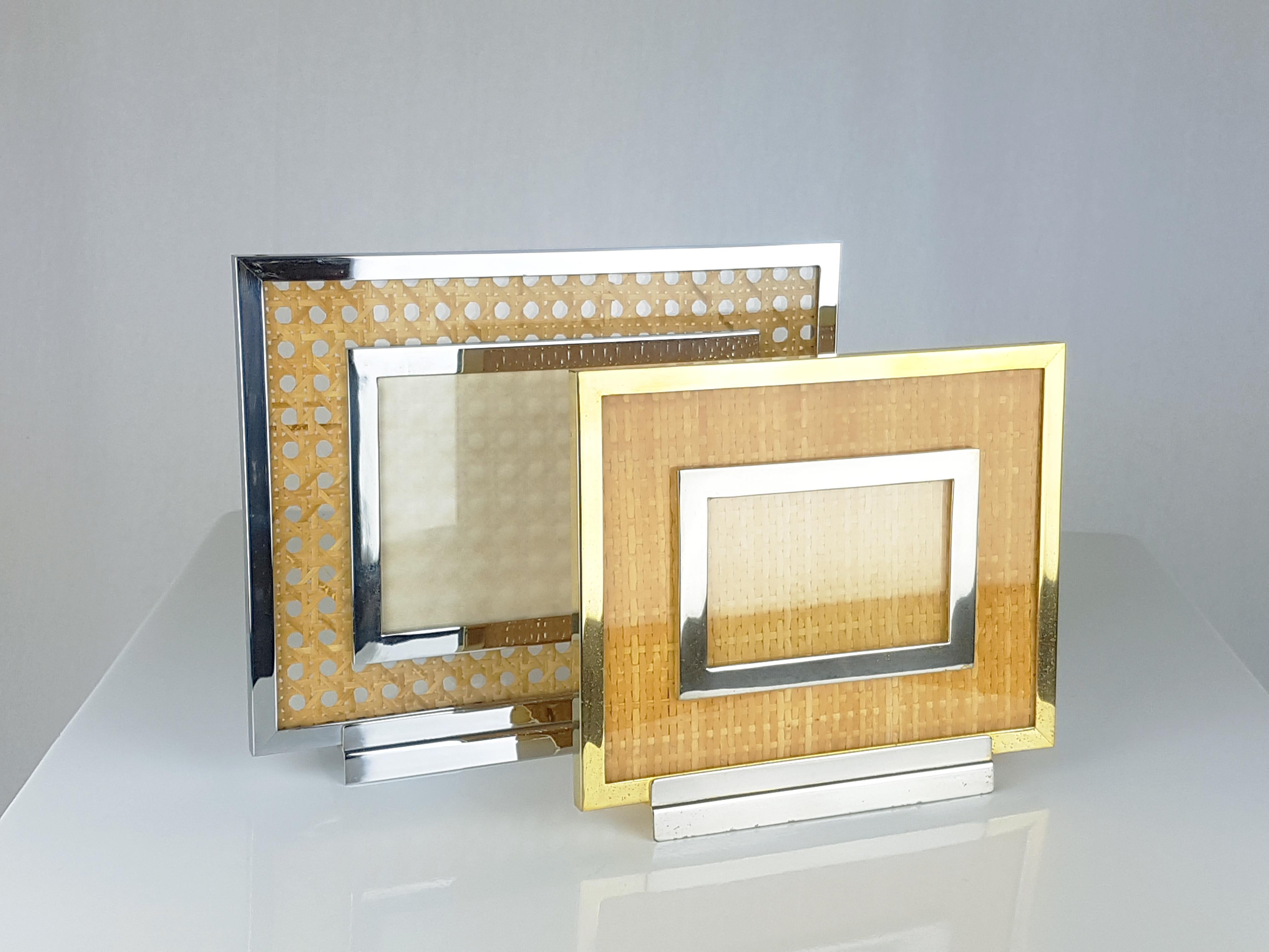 Gold Chrome-Plated & Gilt Metal, Glass & Vienna Straw 1970s Picture Frames, Set of 2