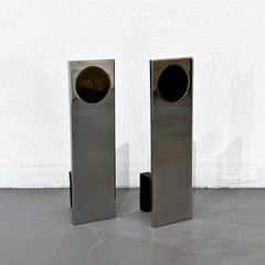 Chrome Plated Steel Andirons with Circle Accent Pierre Cardin Style