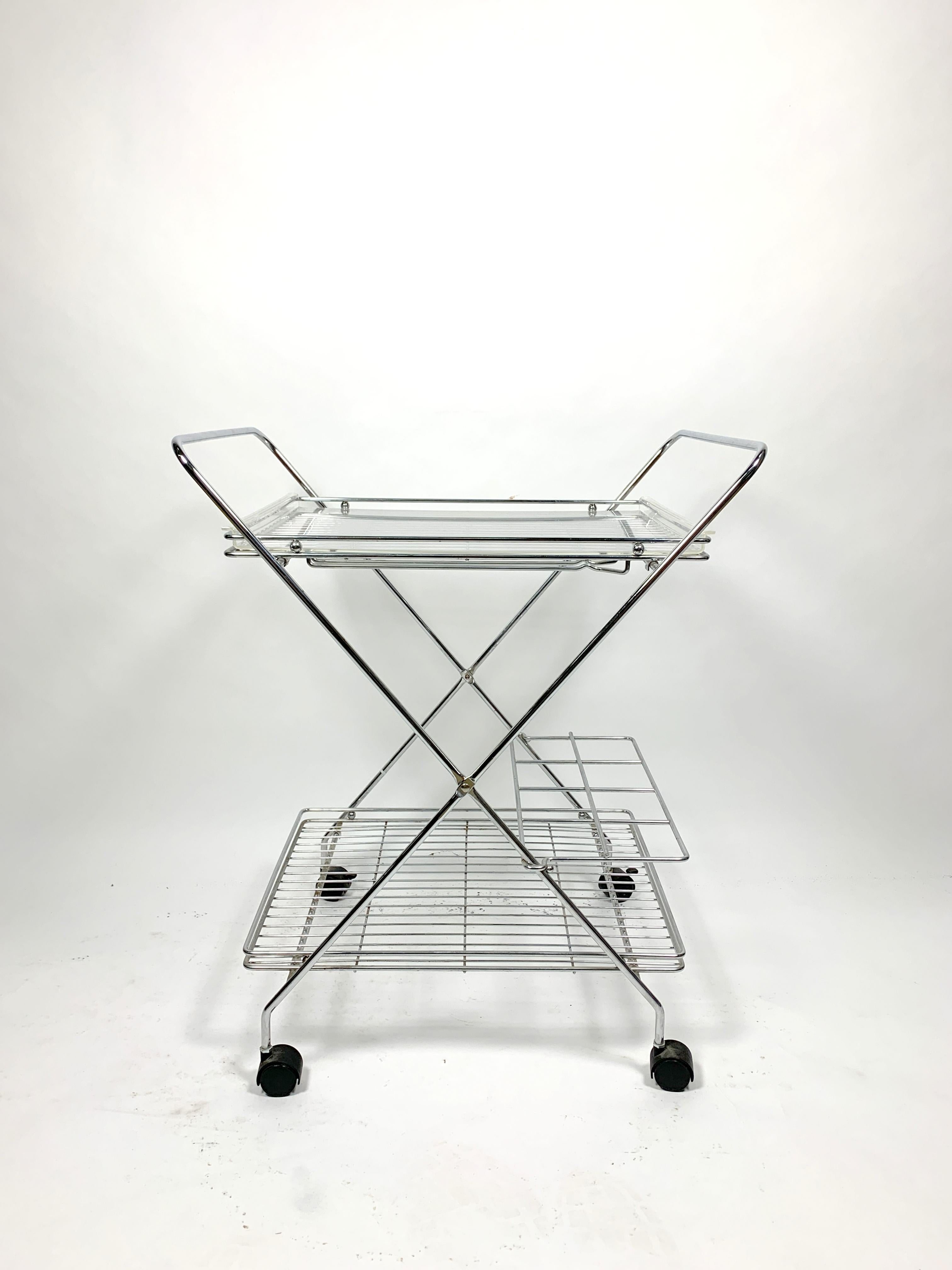 Chrome-plated trolley with plexiglass trays, 1970s.