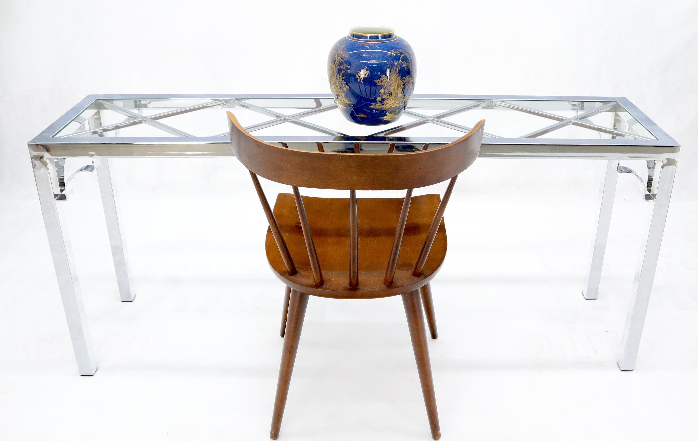 Mid-Century Modern Chrome Rectangular Lattice Diamond Pattern Glass Top Console Sofa Table For Sale