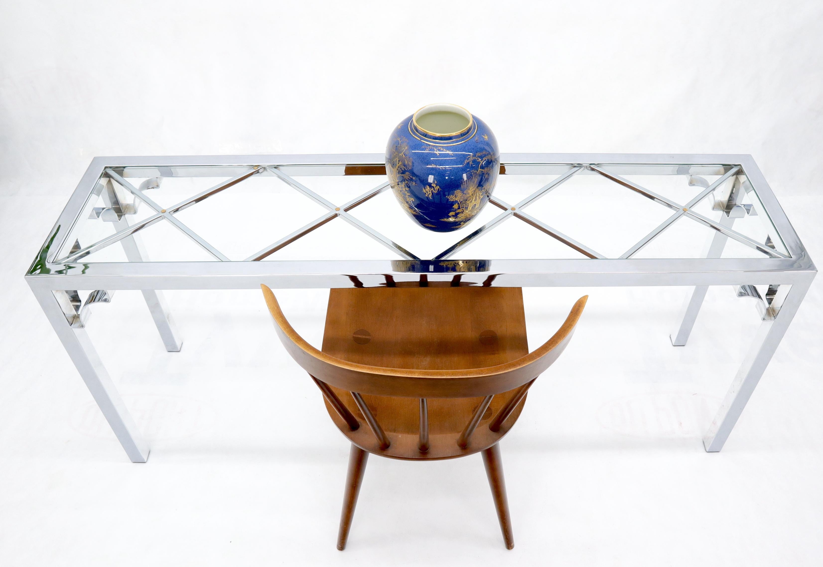 20th Century Chrome Rectangular Lattice Diamond Pattern Glass Top Console Sofa Table For Sale