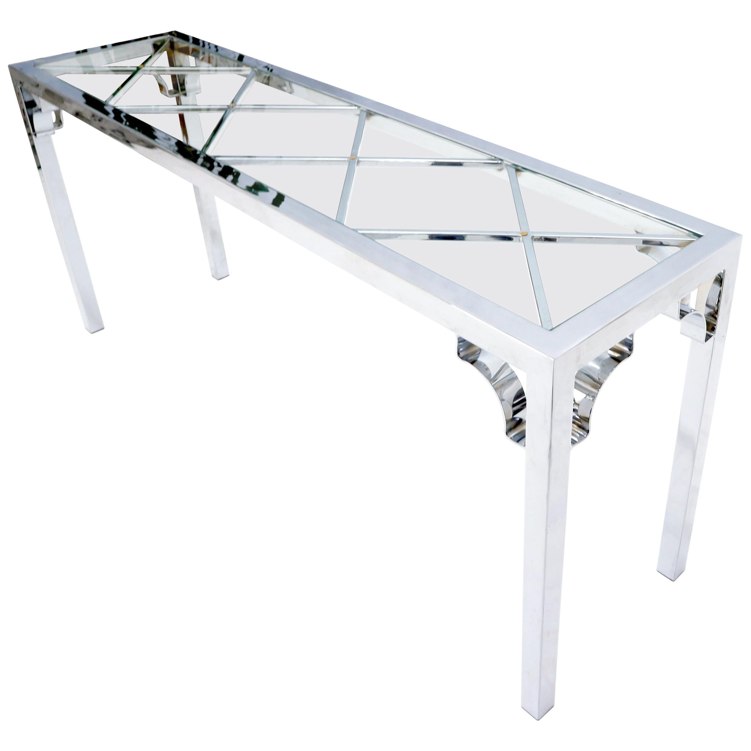 Chrome Rectangular Lattice Diamond Pattern Glass Top Console Sofa Table