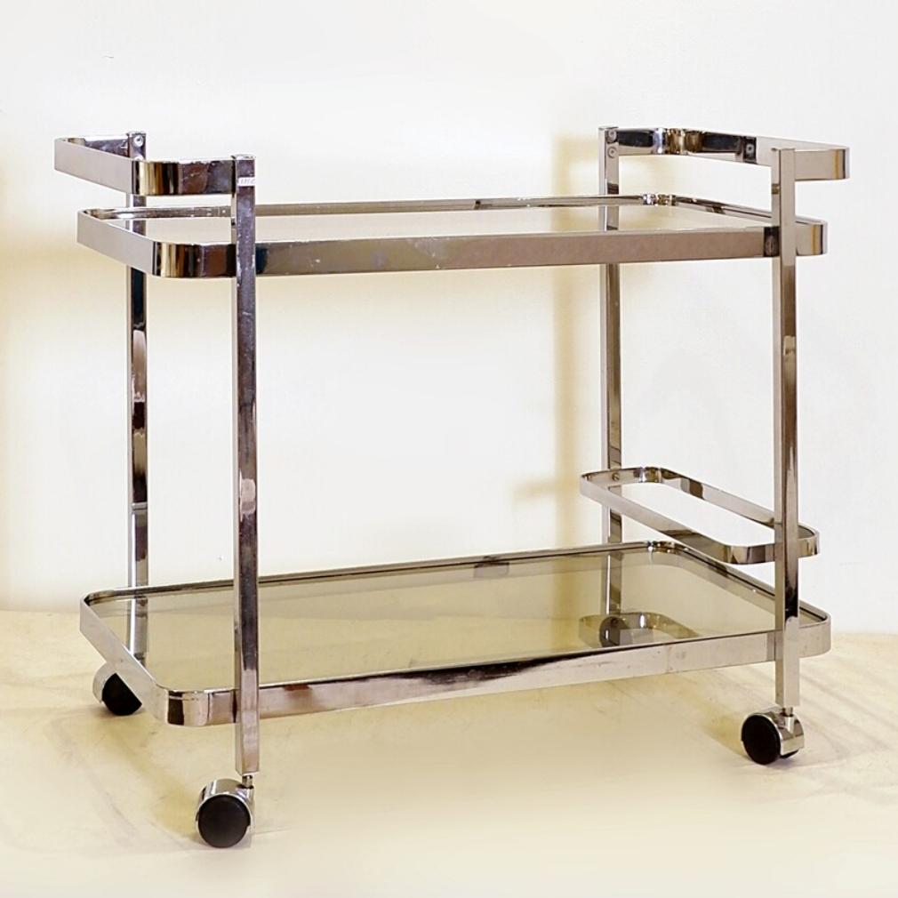 Chrome rolling trolley with smoked glass tops, 70s, with bottle holder For Sale 5