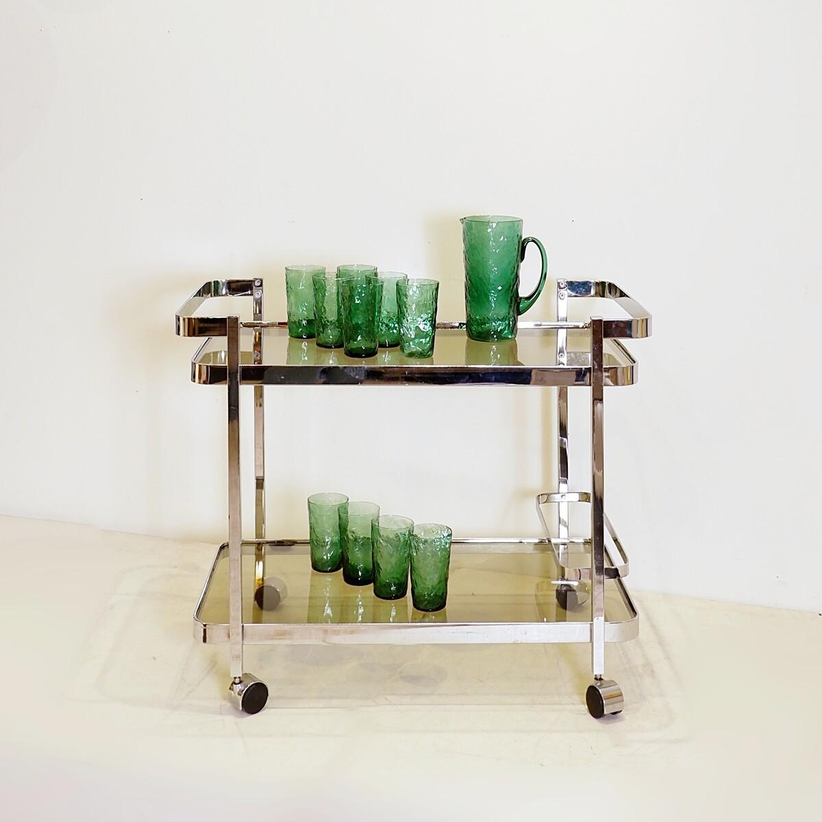 Chrome rolling trolley with smoked glass tops, 70s, with bottle holder For Sale 2