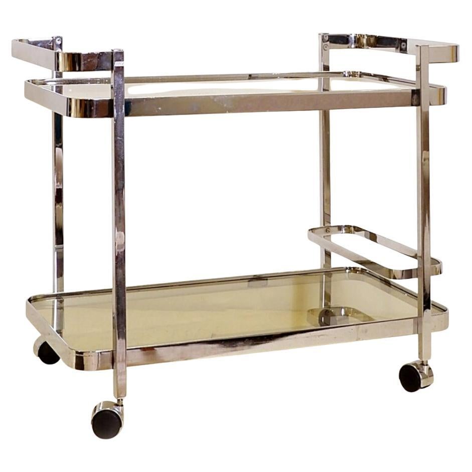 Chrome rolling trolley with smoked glass tops, 70s, with bottle holder