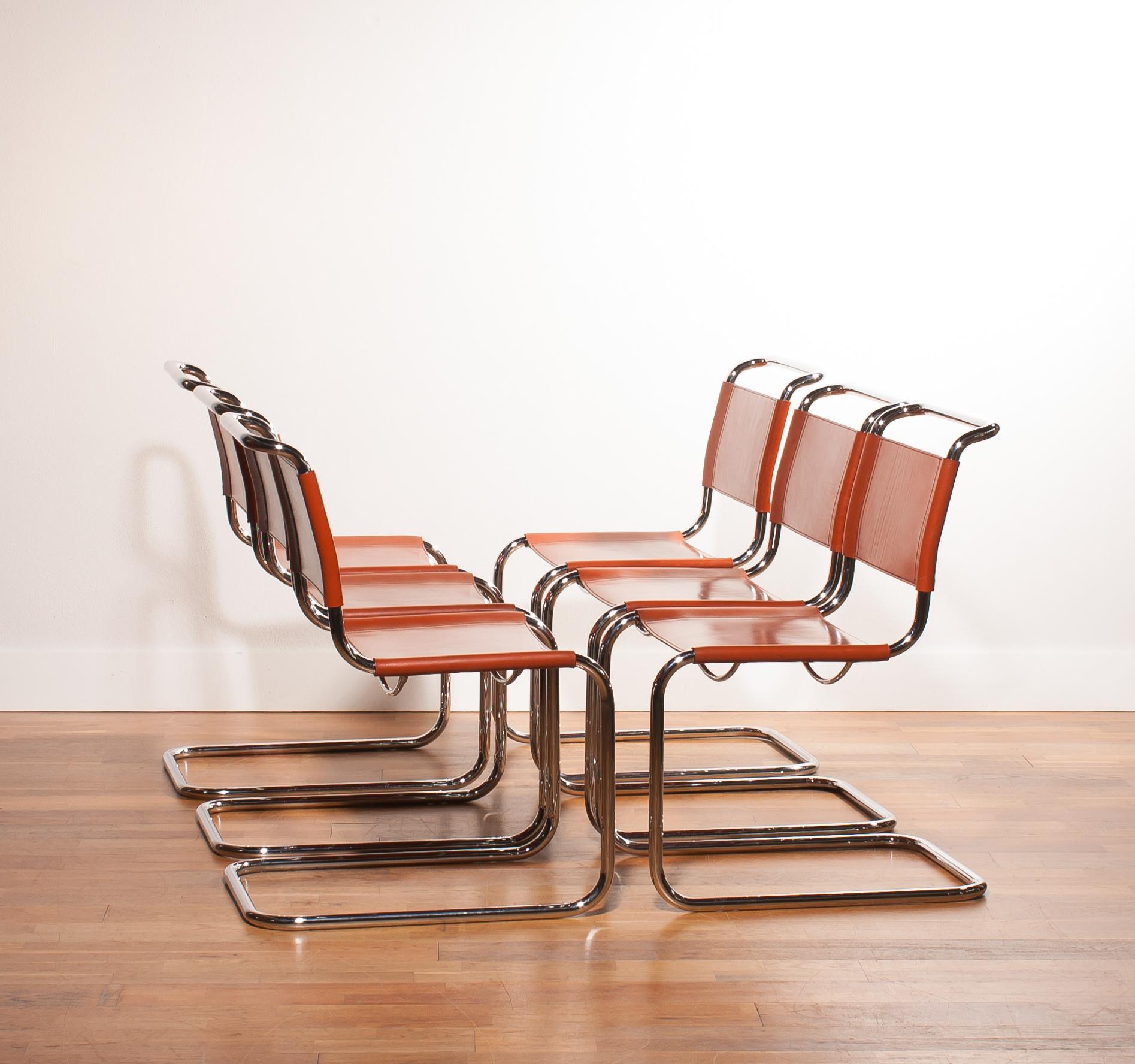 Late 20th Century Chrome Set of Six Tubular Dining Chairs by Mart Stam for Fasem in Cognac Leather