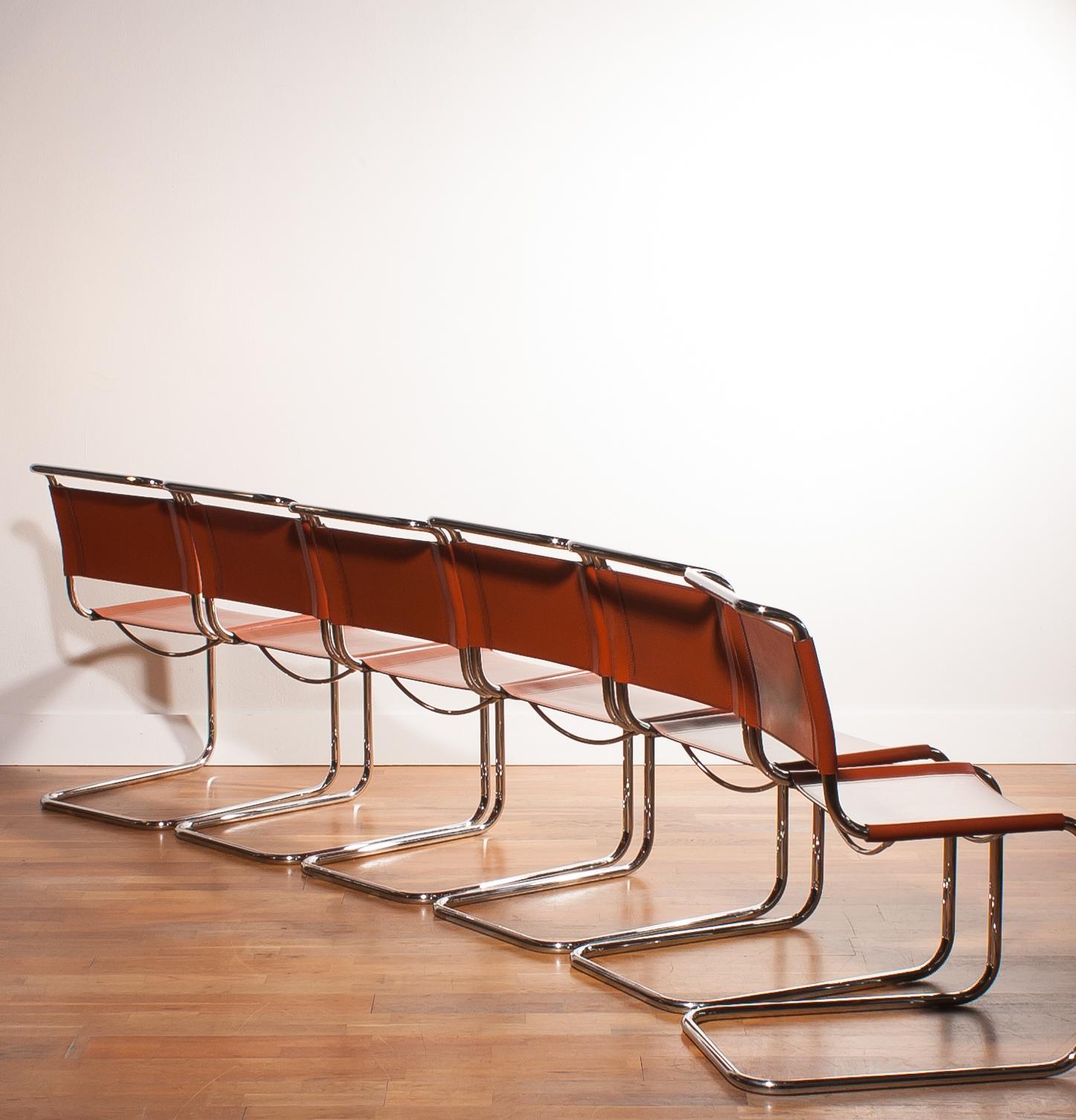 Steel Chrome Set of Six Tubular Dining Chairs by Mart Stam for Fasem in Cognac Leather
