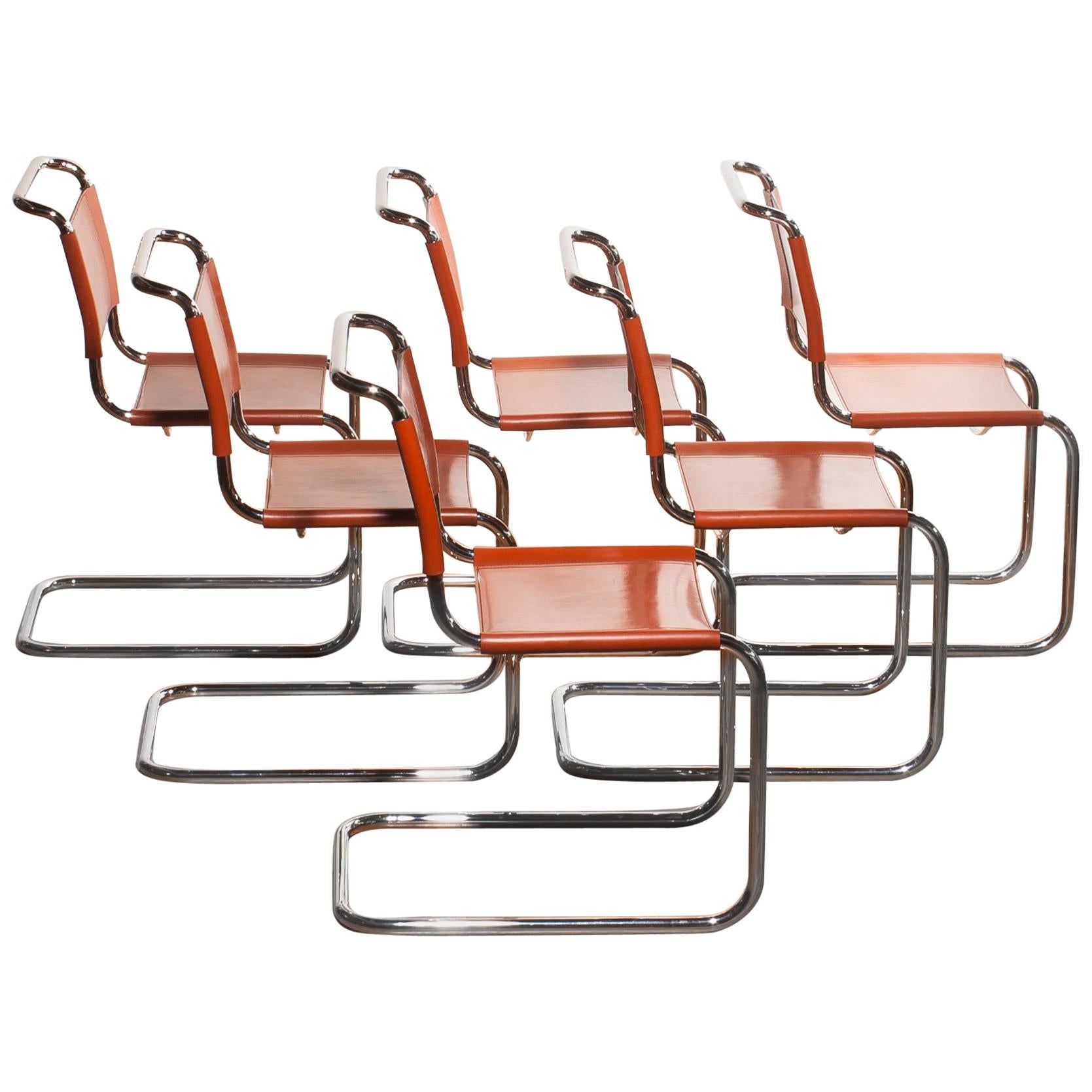 Chrome Set of Six Tubular Dining Chairs by Mart Stam for Fasem in Cognac Leather