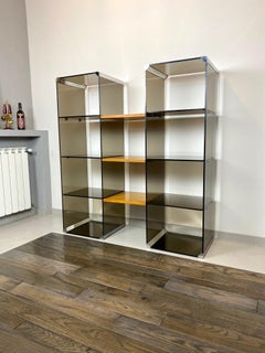 Chrome, Smoked Glass and Wood Bookshelf Étagère Gallotti & Radice, Italy, 1970s