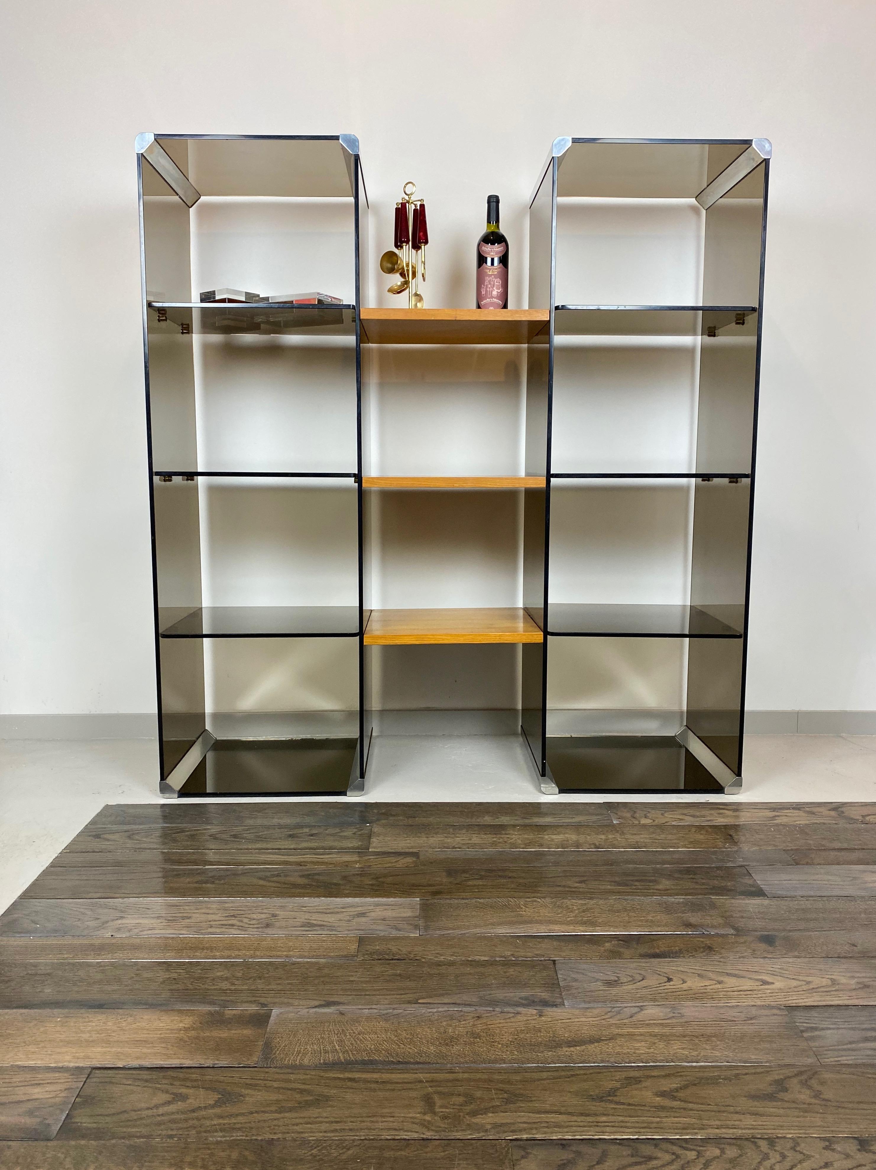 Chrome, Smoked Glass and Wood Bookshelf Étagère Gallotti & Radice, Italy, 1970s In Good Condition For Sale In Rome, IT