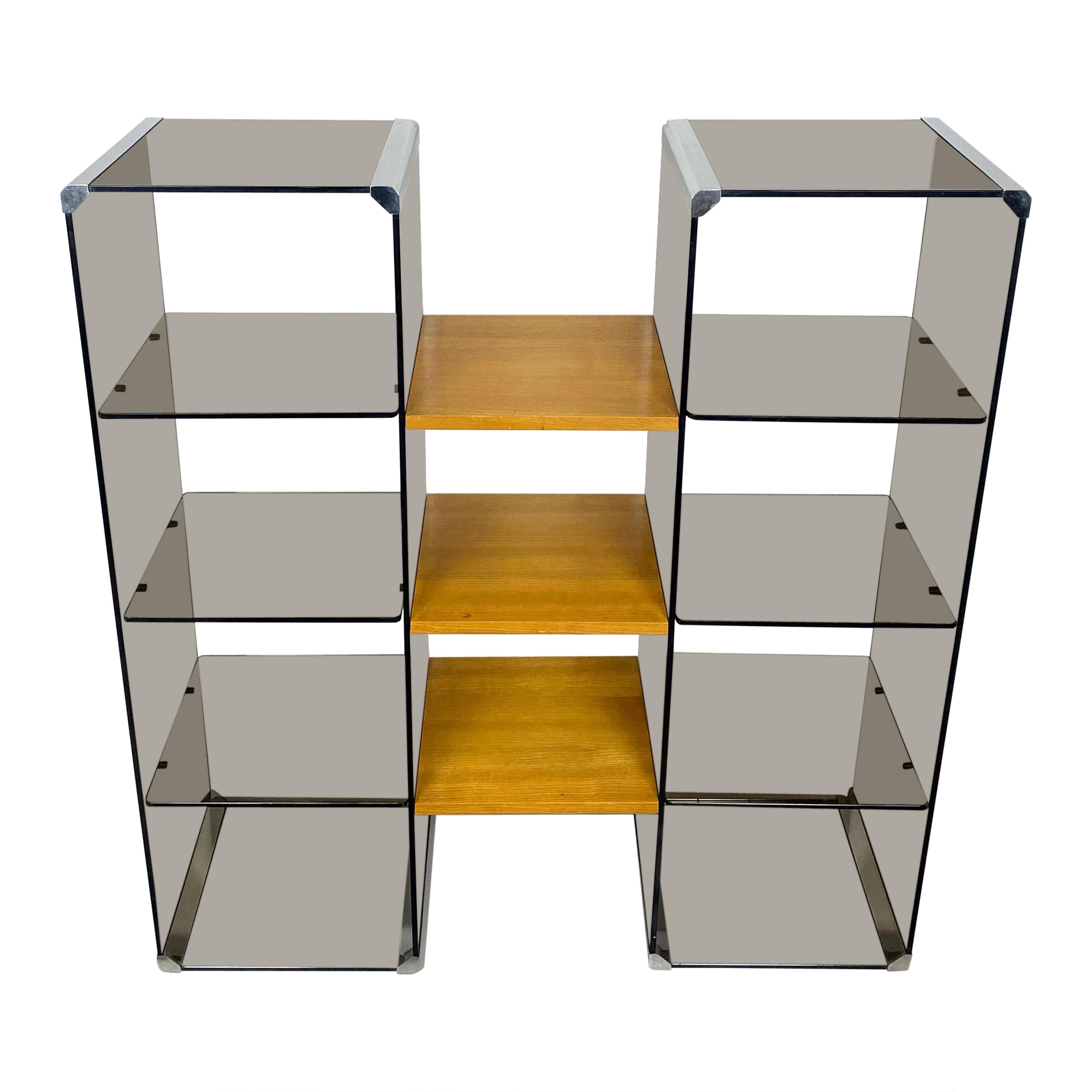 Chrome, Smoked Glass and Wood Bookshelf Étagère Gallotti & Radice, Italy, 1970s