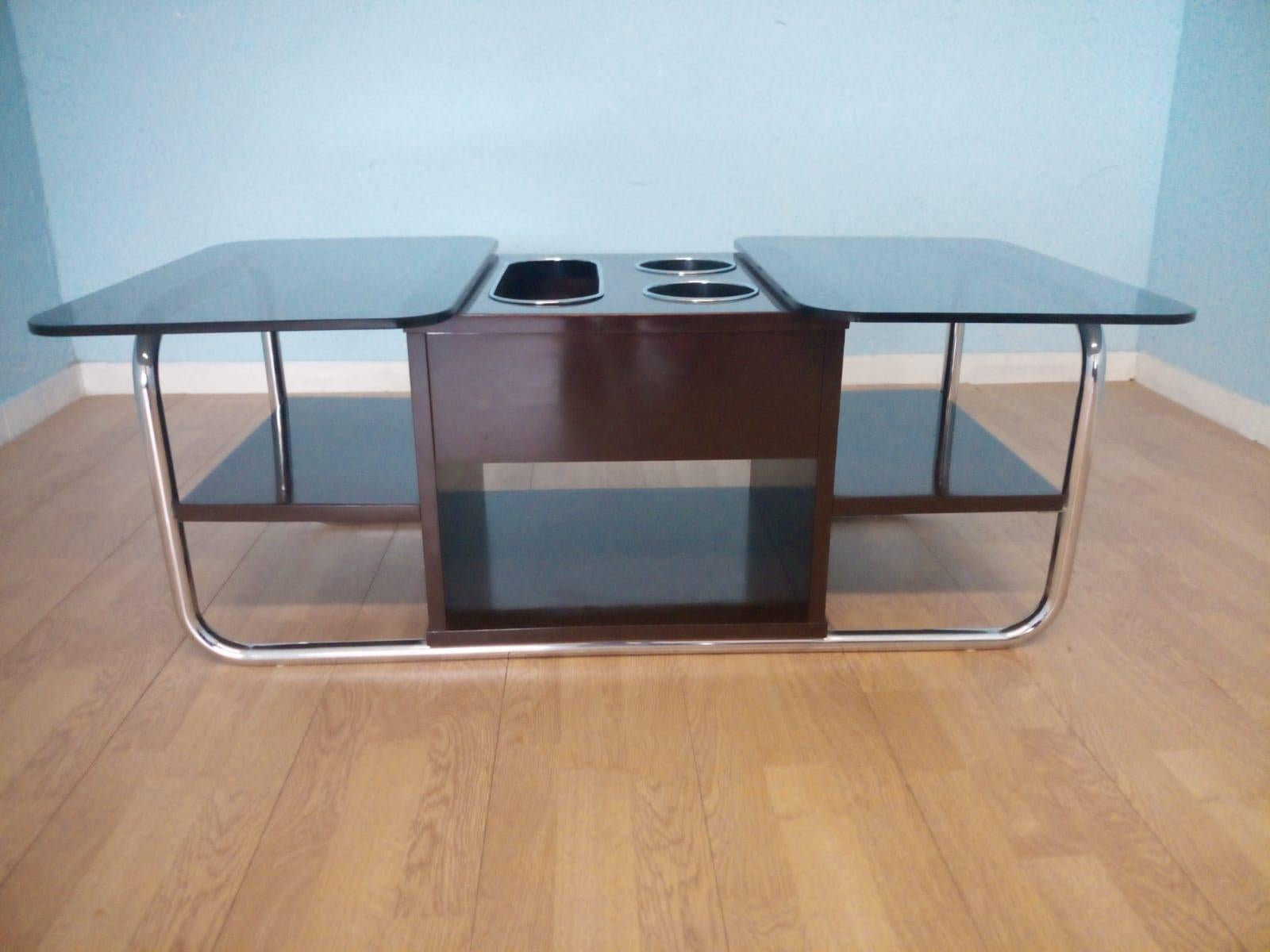 Aluminum Chrome & Smoked Glass Coffee Table, 1970s Bar Table Design Vintage Industrial For Sale