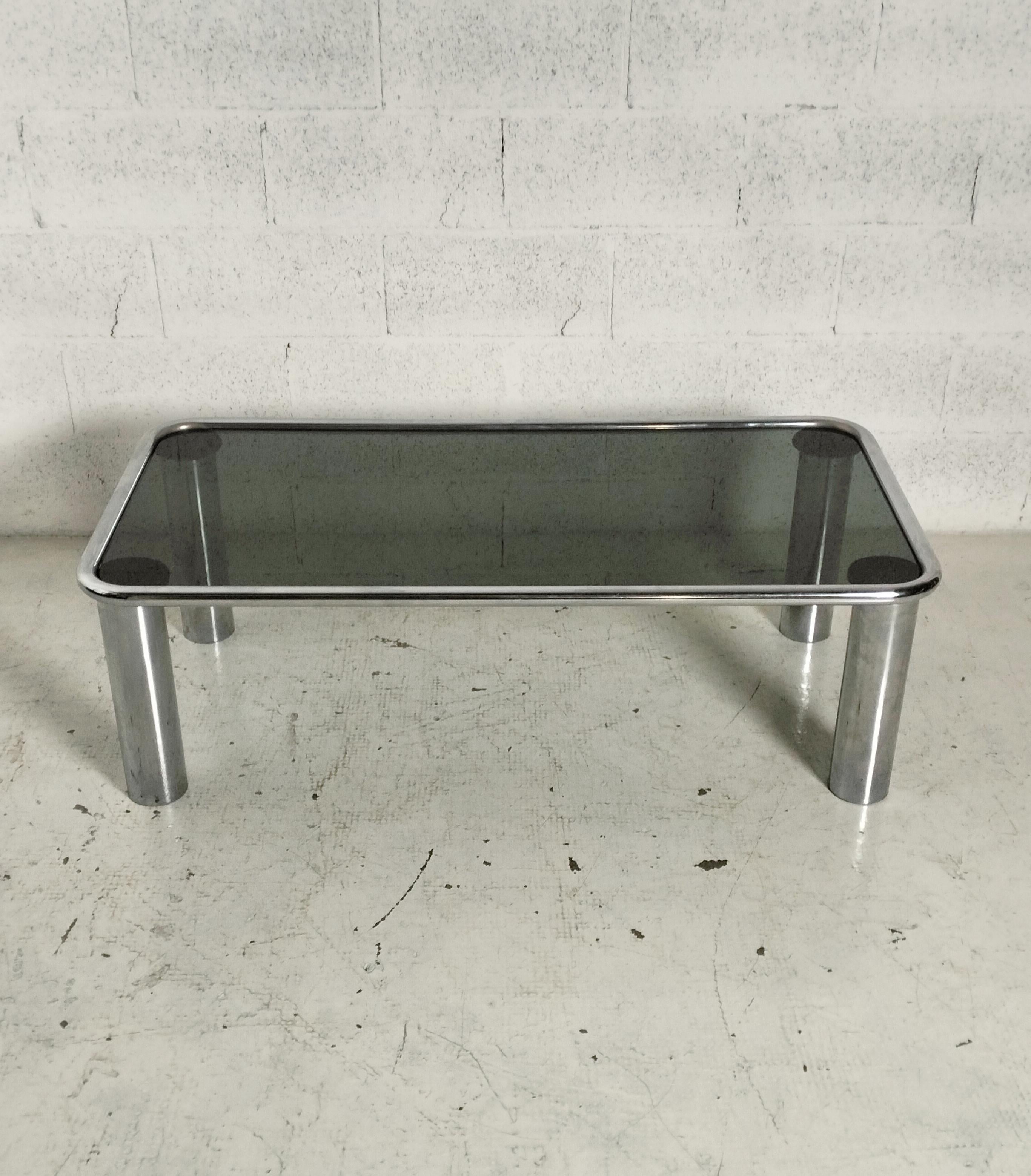 Mid-Century Modern Chrome Smoked Glass Coffee Table Sesann Model by Frattini for Cassina 70s