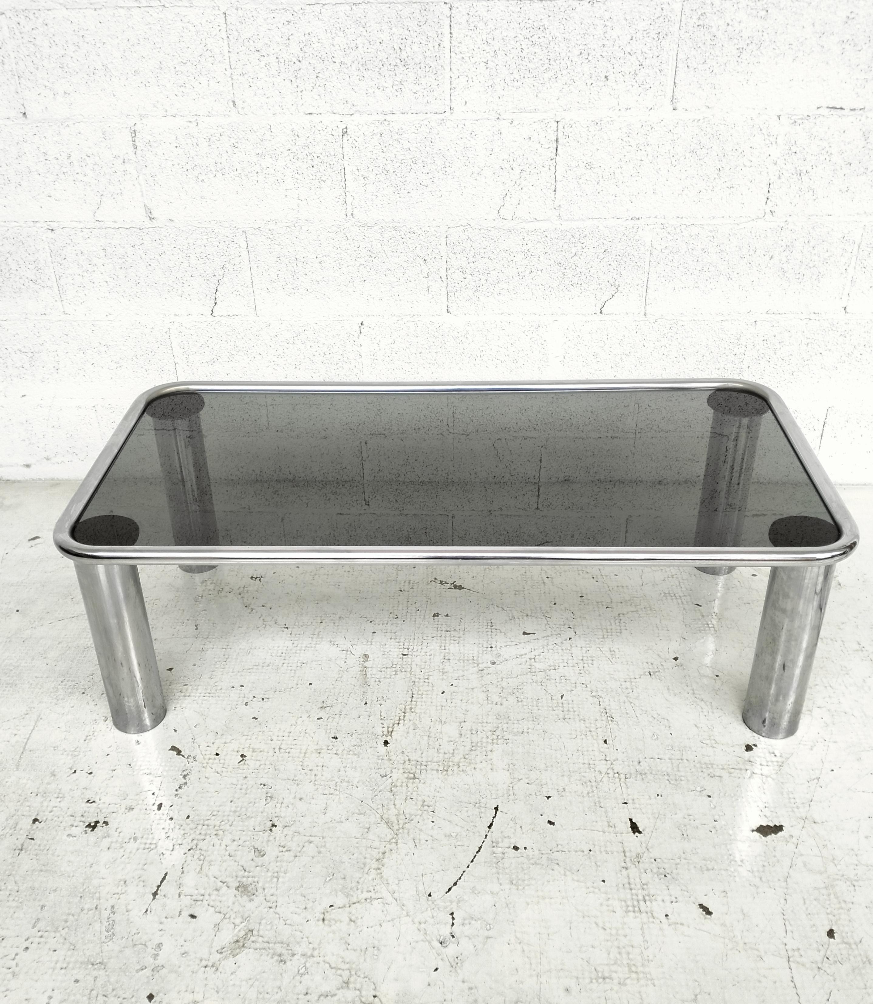 Italian Chrome Smoked Glass Coffee Table Sesann Model by Frattini for Cassina 70s