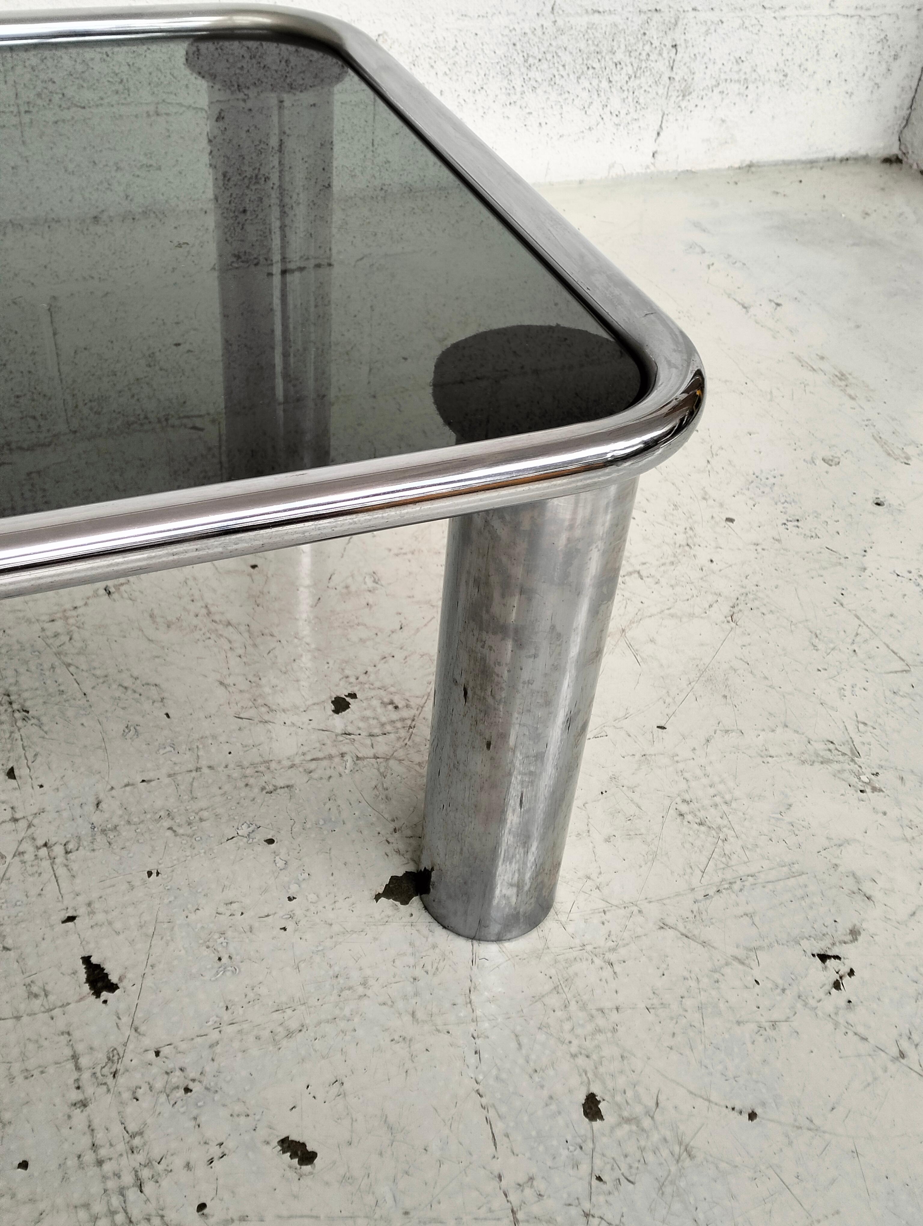 Steel Chrome Smoked Glass Coffee Table Sesann Model by Frattini for Cassina 70s