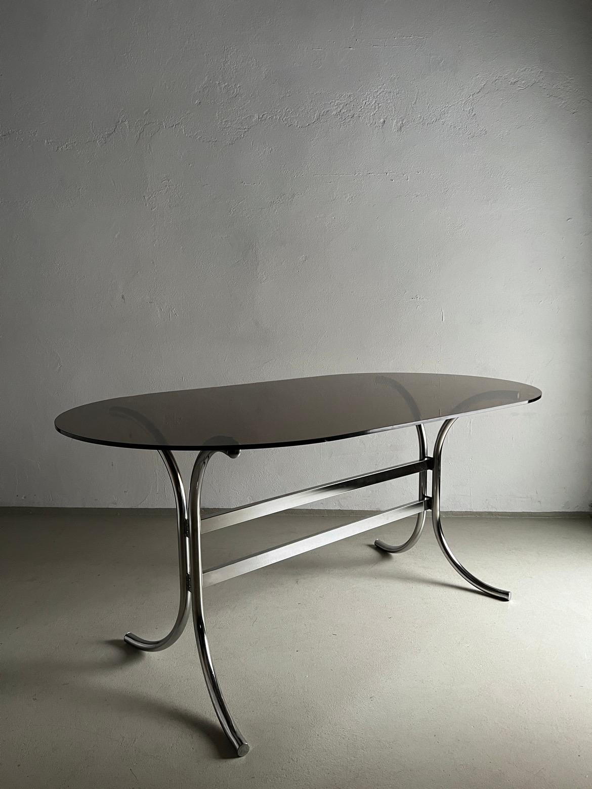 Minimalist Chrome Smoked Glass Dining Table, Italy 1970s For Sale