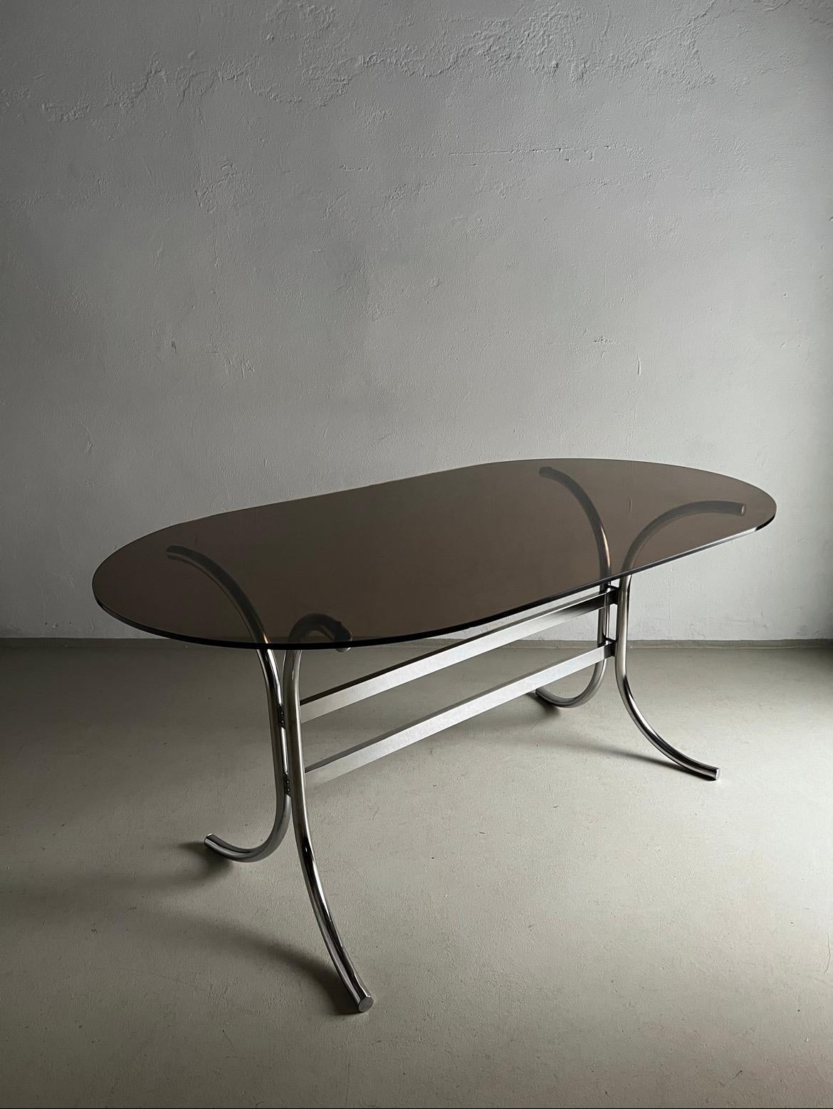 Italian Chrome Smoked Glass Dining Table, Italy 1970s For Sale