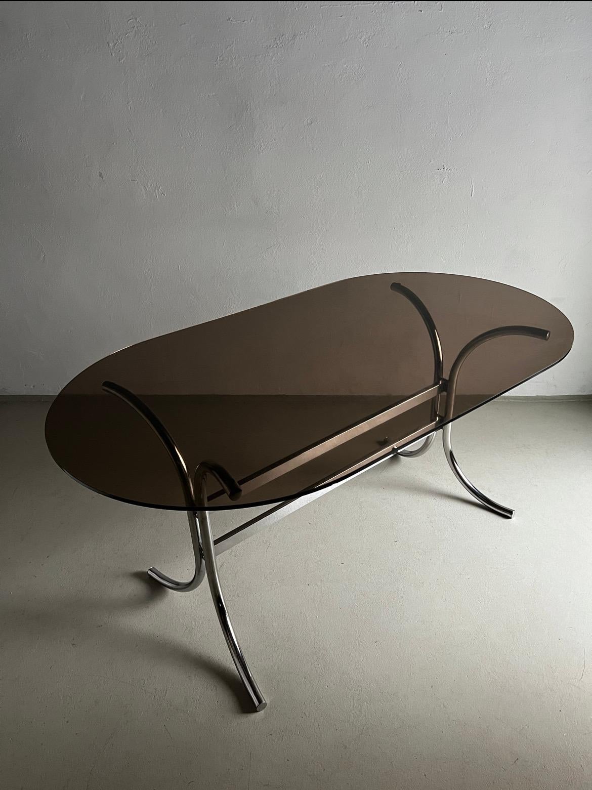 Chrome Smoked Glass Dining Table, Italy 1970s In Good Condition For Sale In Rīga, LV
