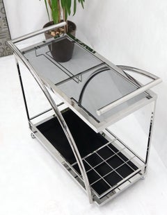 Chrome & Smoked Glass Mid-Century Modern Rolling Serving Cart Bar