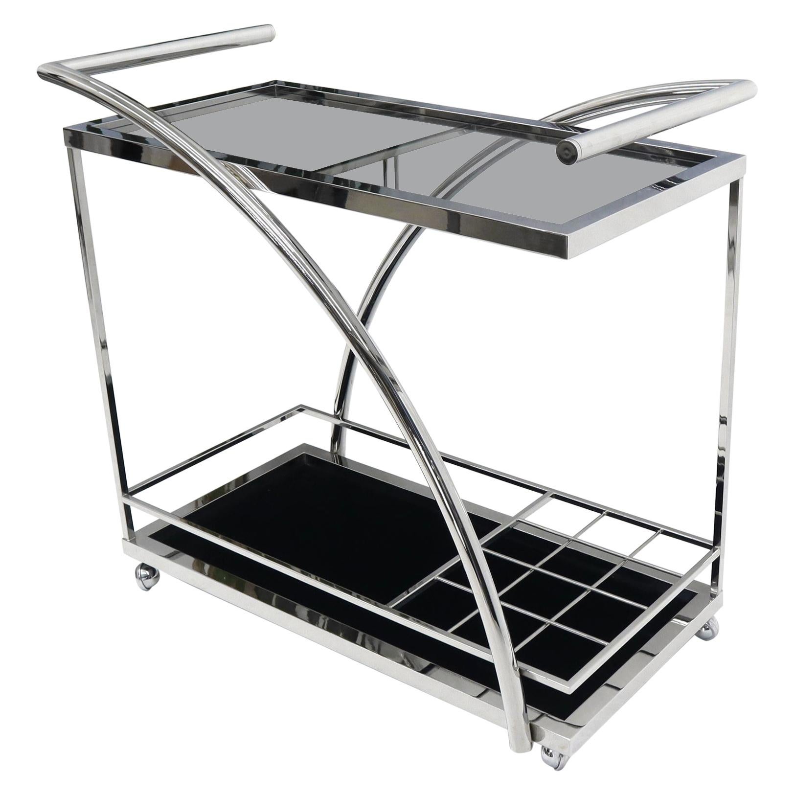 Chrome & Smoked Glass Mid-Century Modern Rolling Serving Cart Bar For Sale