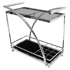 Vintage Chrome & Smoked Glass Mid-Century Modern Rolling Serving Cart Bar