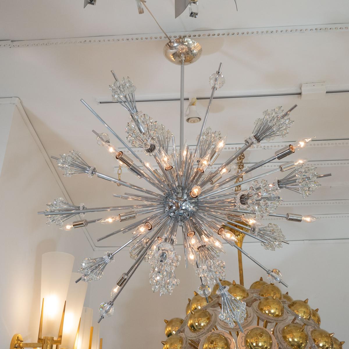 Chrome sputnik style chandelier with crystal clusters in the style of Lobmeyr.