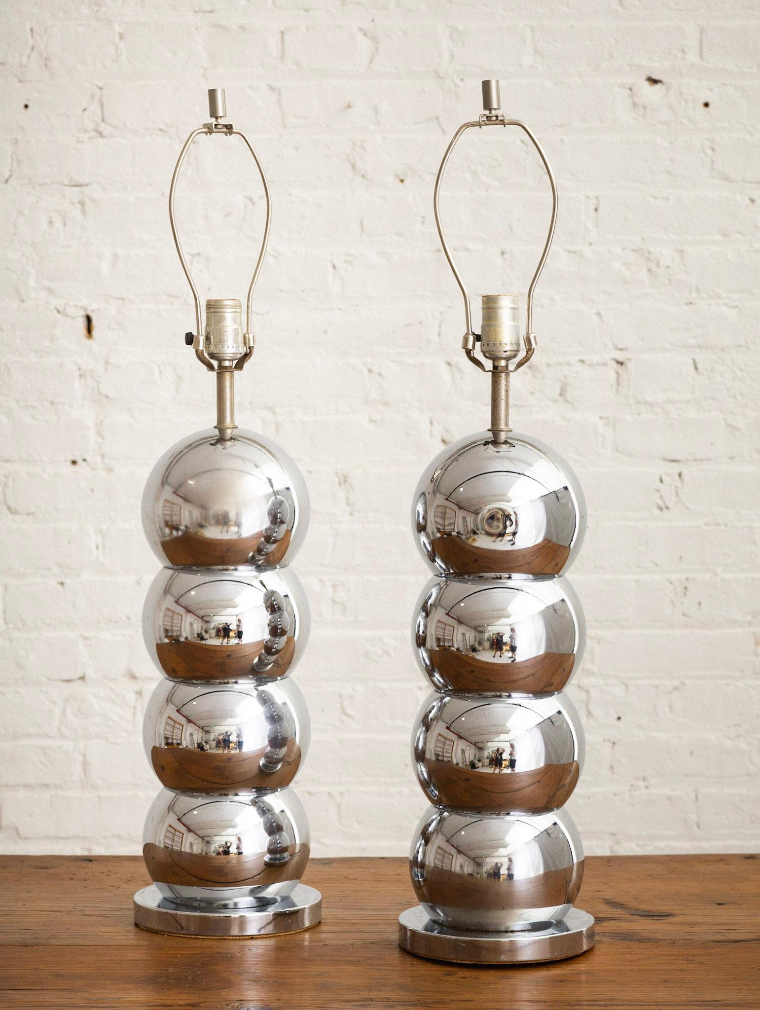Space Age Chrome Stacked Ball ‘Caterpillar’ Lamps in the Style of George Kovacs, a Pair