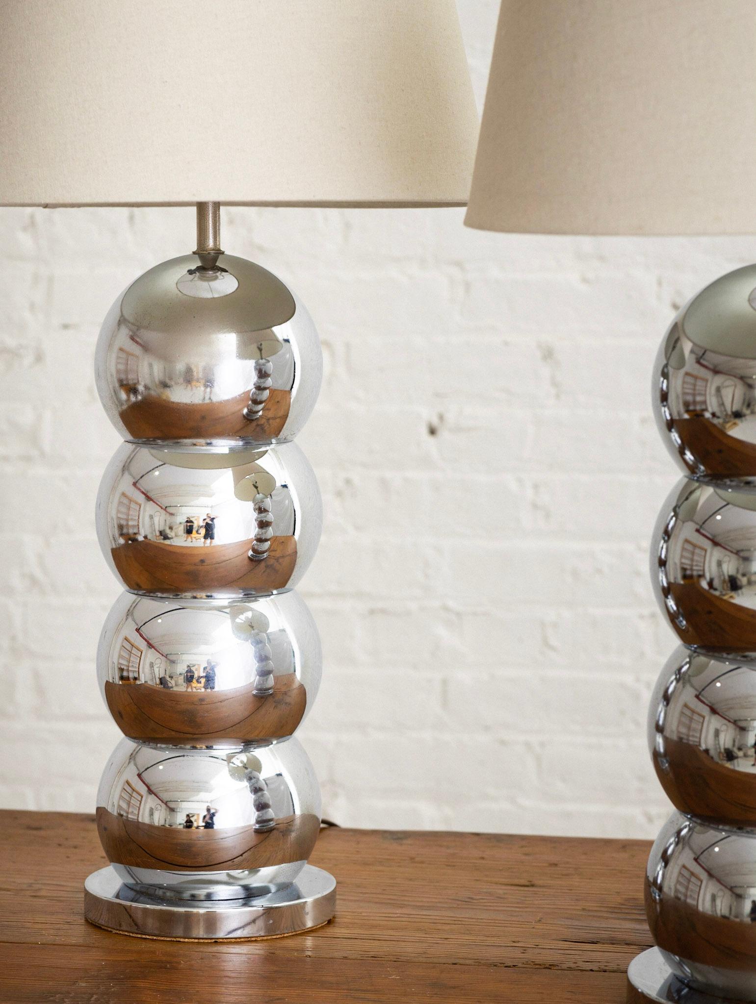 North American Chrome Stacked Ball ‘Caterpillar’ Lamps in the Style of George Kovacs, a Pair