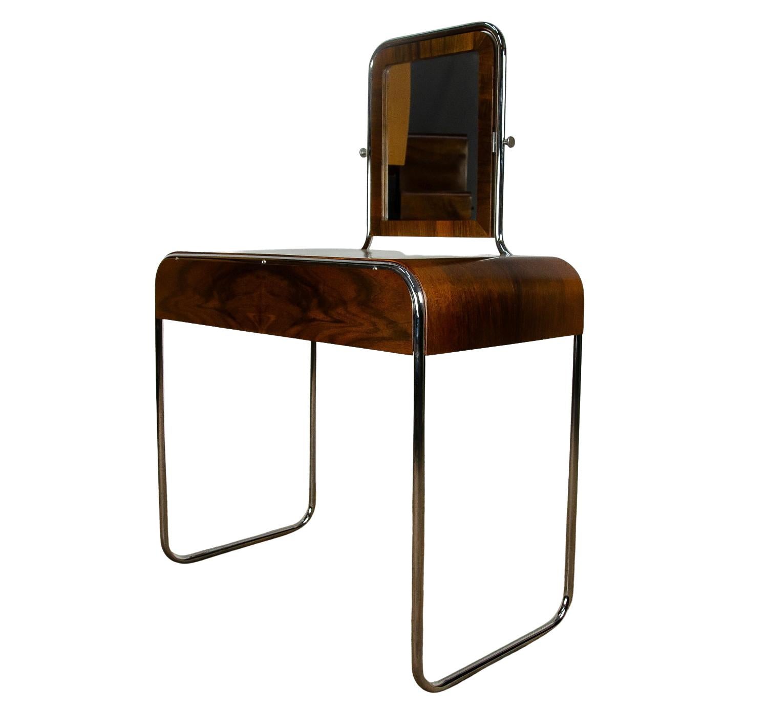 Polish Chrome Steel and Walnut Veneered Blockboard Bauhaus Vanity Dressing Table