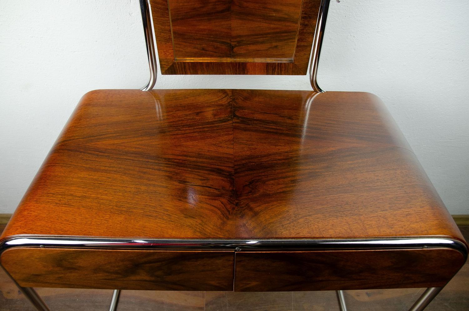 Chrome Steel and Walnut Veneered Blockboard Bauhaus Vanity Dressing Table 1