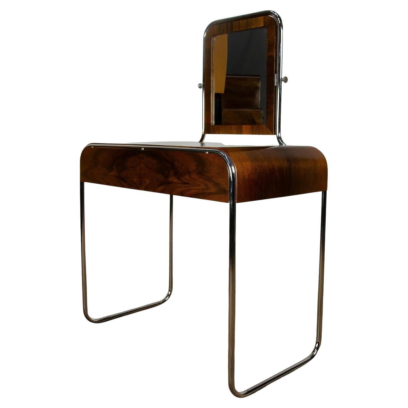 Chrome Steel and Walnut Veneered Blockboard Bauhaus Vanity Dressing Table