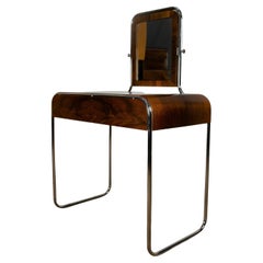 Table de coiffeuse Bauhaus en acier chromé et placage de noyer