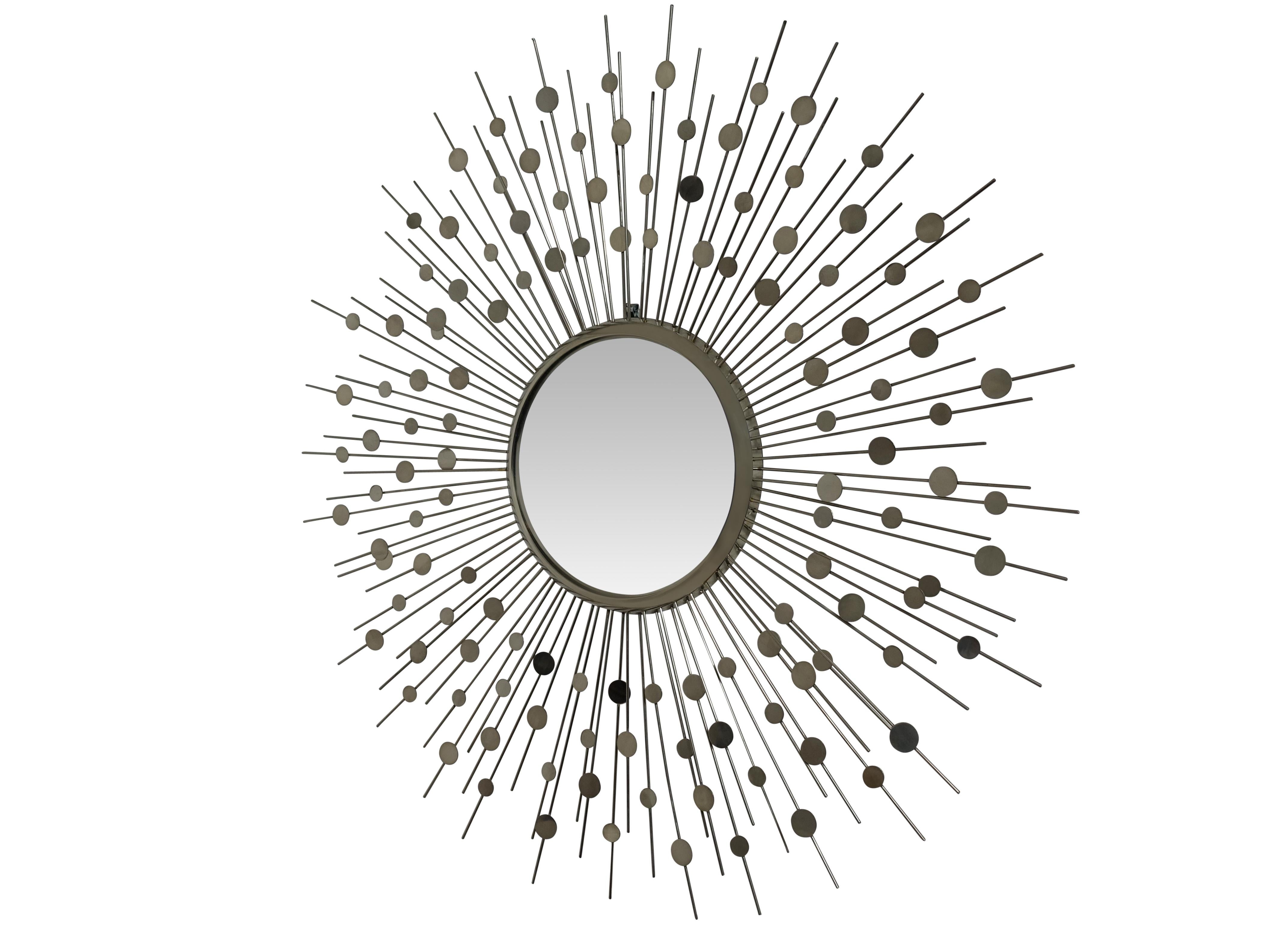 A large chrome-plated sunburst or starburst frame with convex or fisheye mirror. Has some expected light clouding and age to the mirror. American, last half 20th century,.