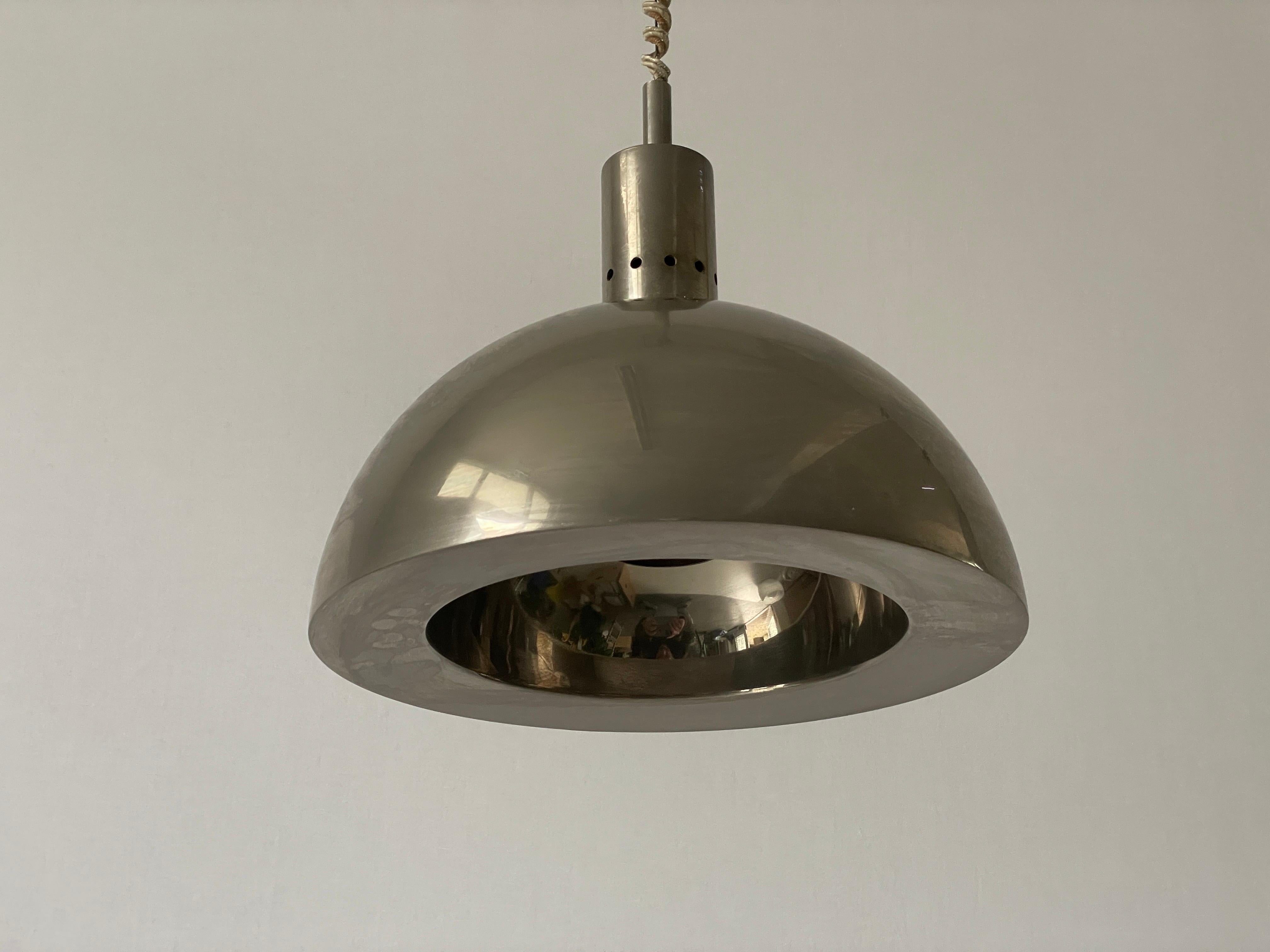 Chrome Suspension Ceiling Lamp, 1960s, Italy

Lampshade is in very good vintage condition.

This lamp works with E27 light bulbs. 
Wired and suitable to use with 220V and 110V for all countries.

Measurements:

Height: 22 cm
Diameter : 28 cm
Total