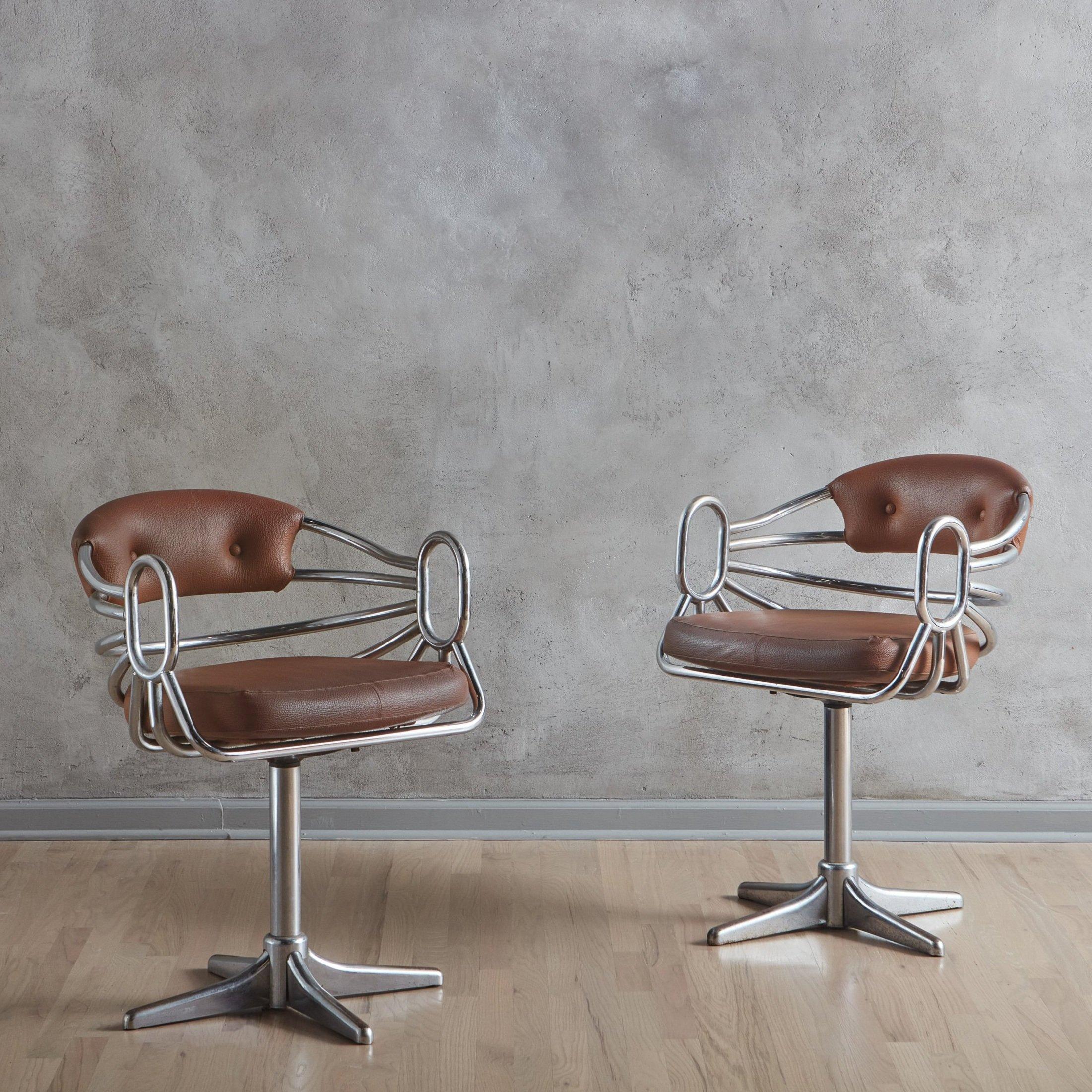 Italian Chrome Swivel Desk Chair in Brown Leather, Italy 1960s - 2 Available For Sale