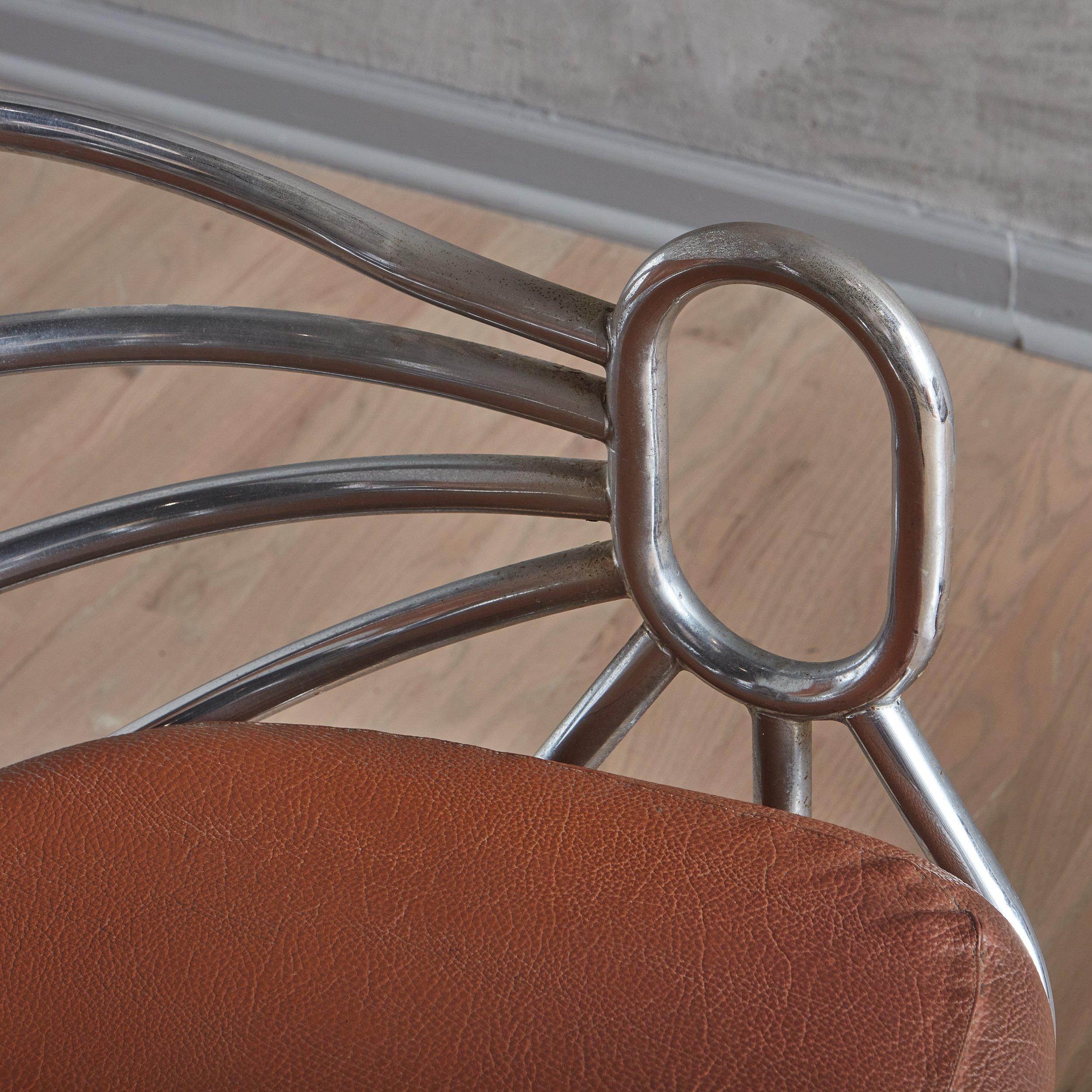 Metal Chrome Swivel Desk Chair in Brown Leather, Italy 1960s - 2 Available For Sale