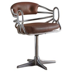 Retro Chrome Swivel Desk Chair in Brown Leather, Italy 1960s - 2 Available