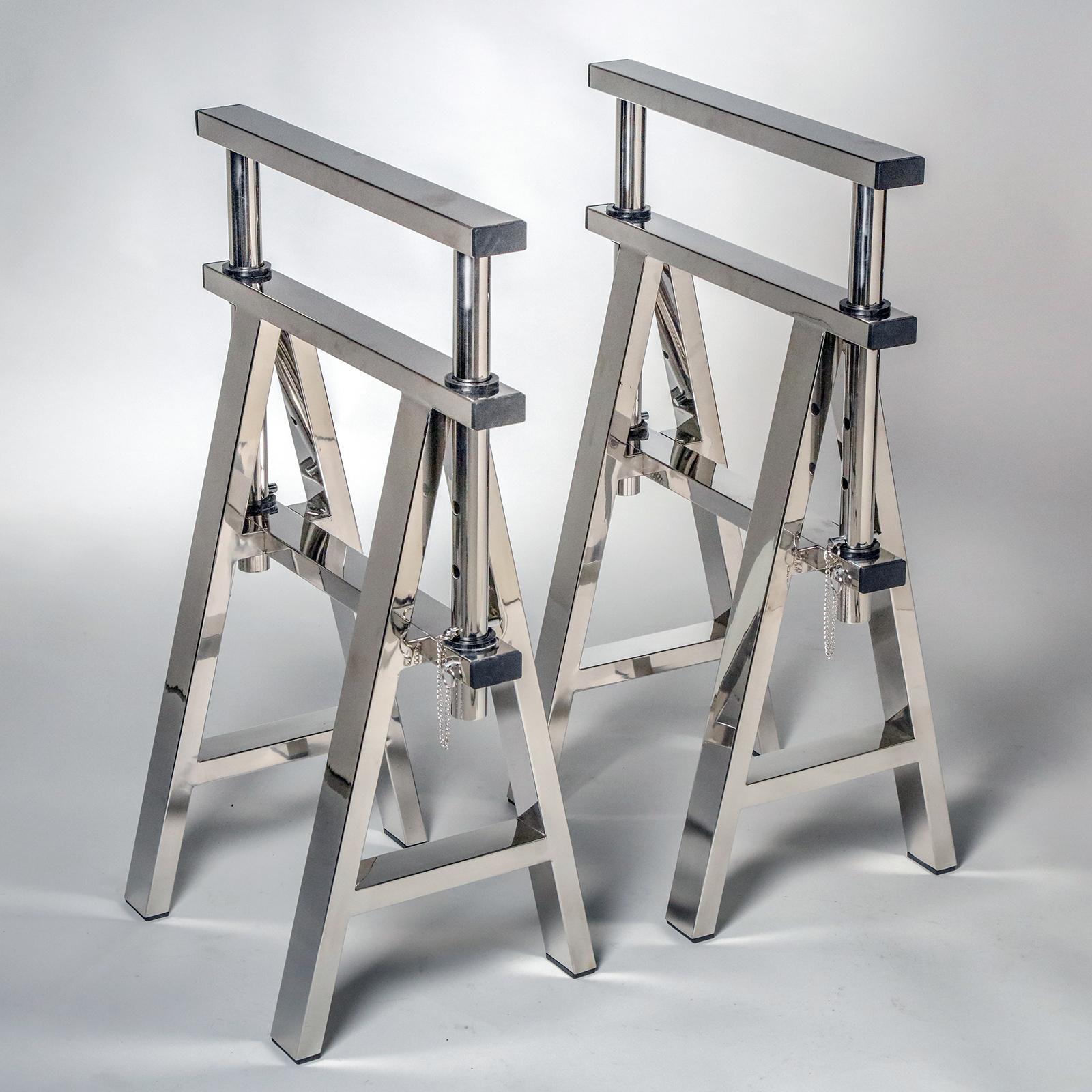 Pair of wide chrome-plated metal table legs with adjustable height from 25.5 to 30 inches. No top included. Perfect for console, desk, writing table, or dining table.