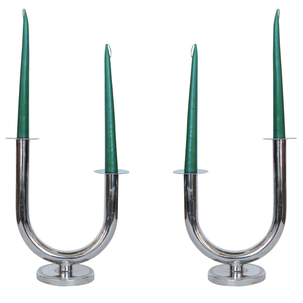 Chrome "Taurex" Candleholders by Walter Von Nessen for Chase