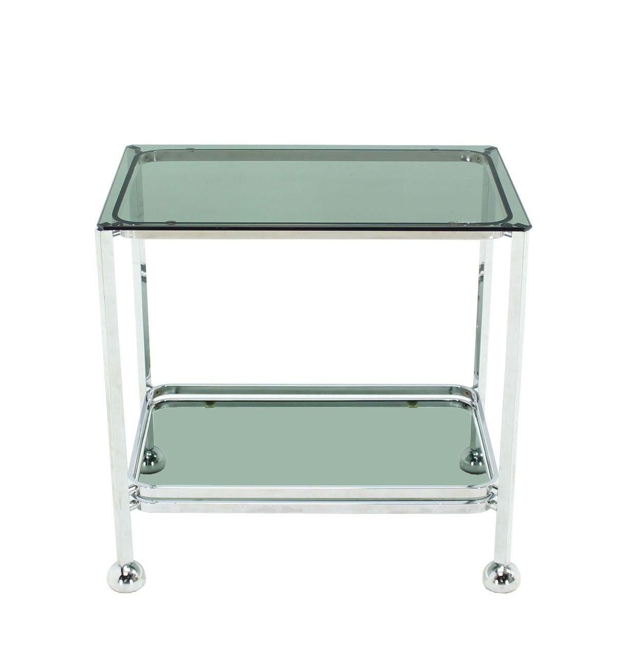 Mid-Century Modern Chrome Tinted Smoked Glass Rolling Tea Cart with Concealed Wheels For Sale
