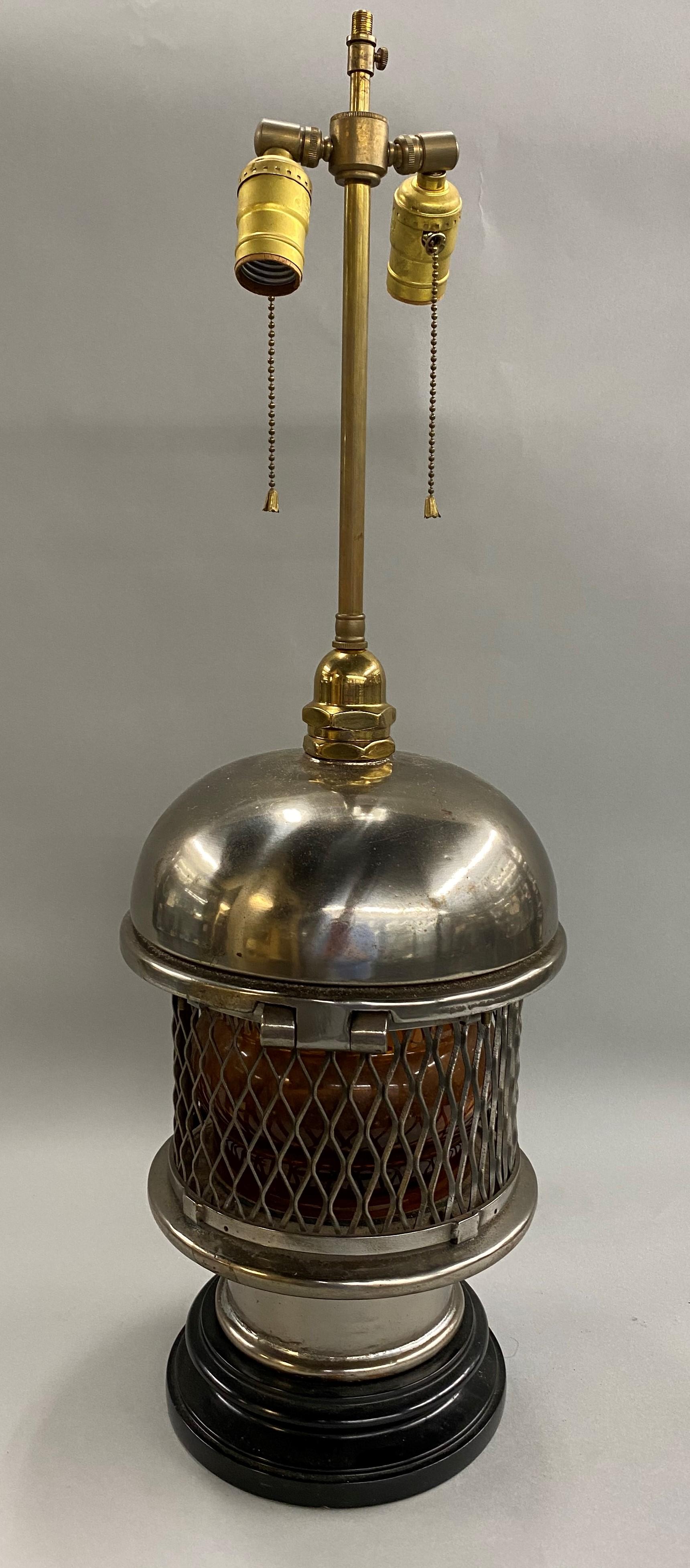 Chrome Top Nautical Ship’s Lantern Converted Table Lamp, circa 1930s In Good Condition In Milford, NH